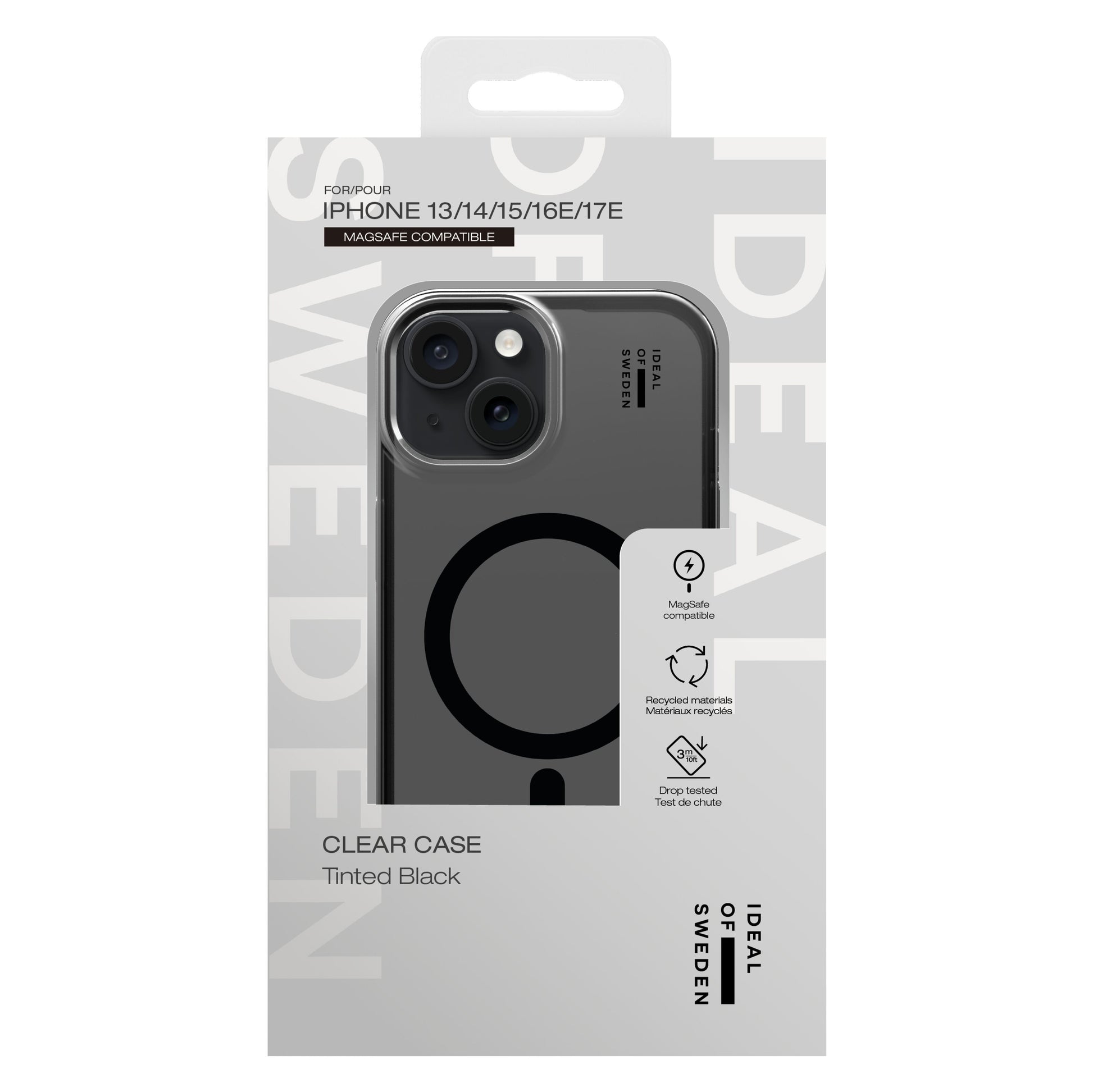 IDEAL OF SWEDEN Clear MagSafe Case i sort transparent plast til iPhone 13, 14, 15, 16e med brandlogo og produktikoner.