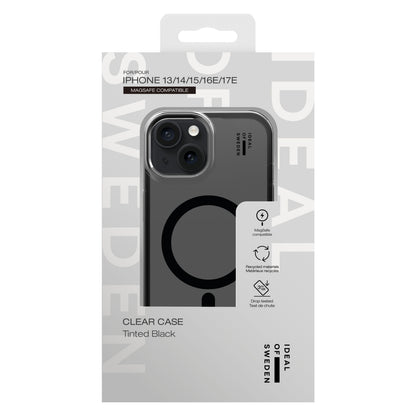 IDEAL OF SWEDEN Clear MagSafe Case i sort transparent plast til iPhone 13, 14, 15, 16e med brandlogo og produktikoner.