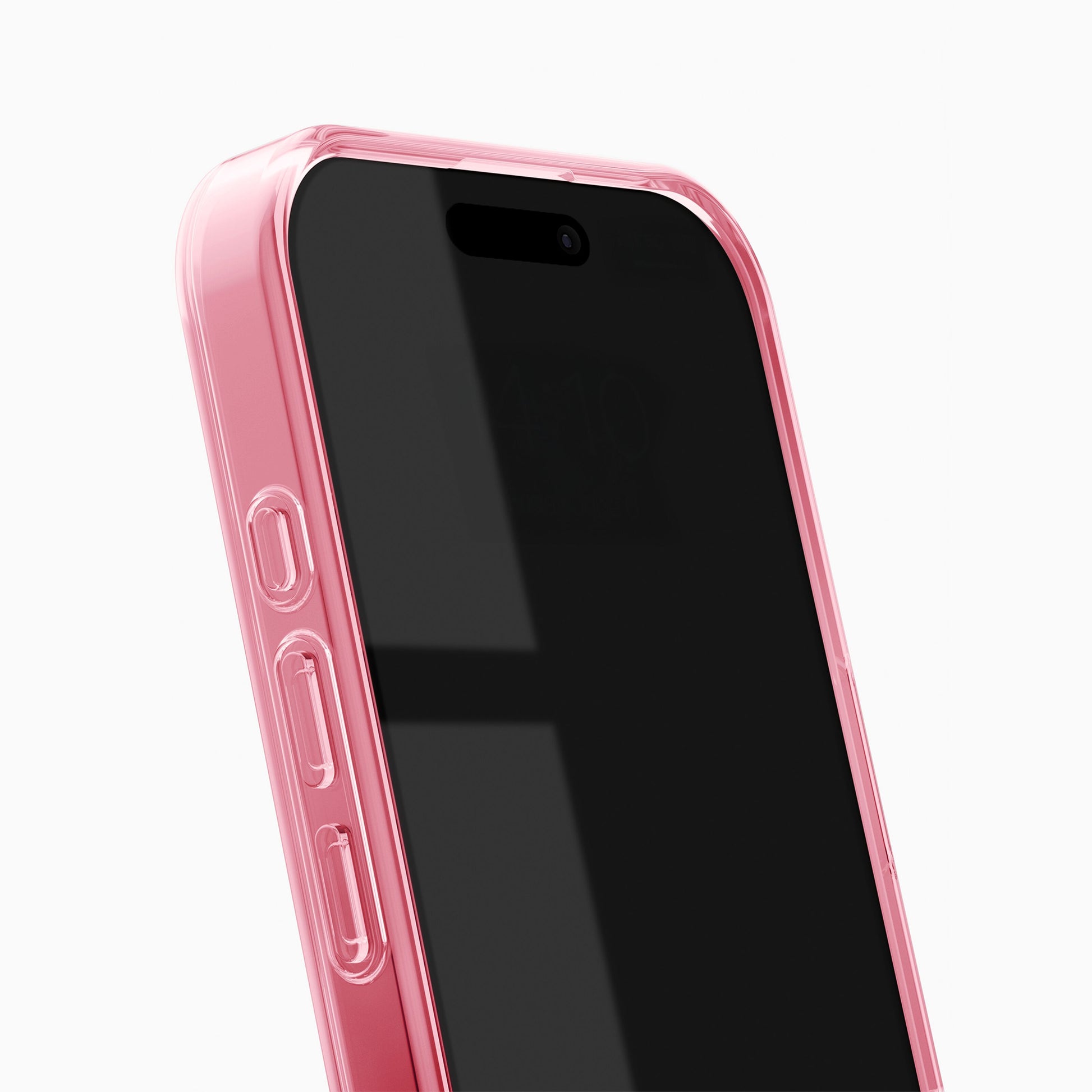 IPhone 16 med Clear MagSafe Case Cherry Lacquer, fokus på skærm og sideknapper.