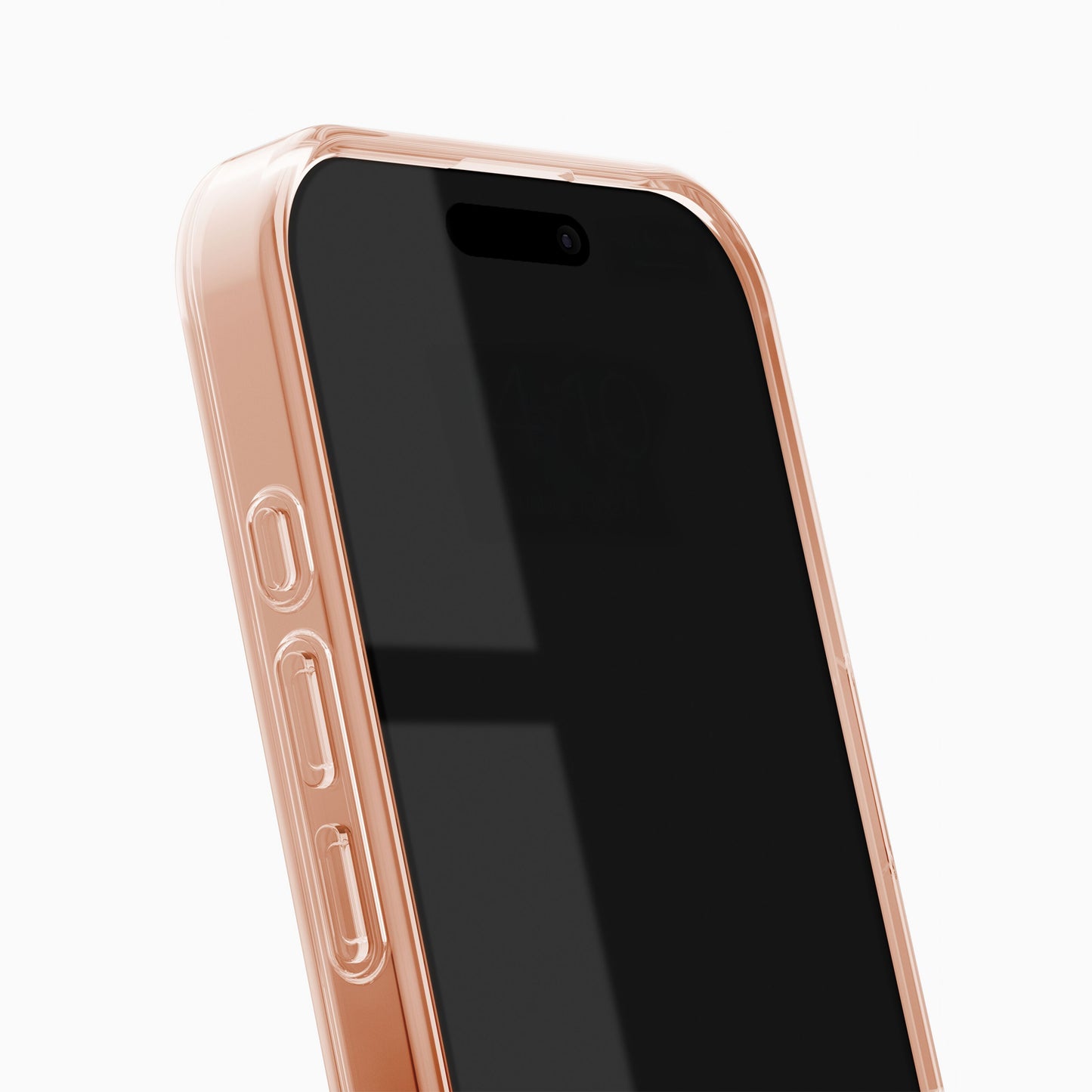 IPhone 16 med sort skærm i IDEAL OF SWEDEN Clear MagSafe Case Mocha Mousse, tre sideknapper synlige venstre.