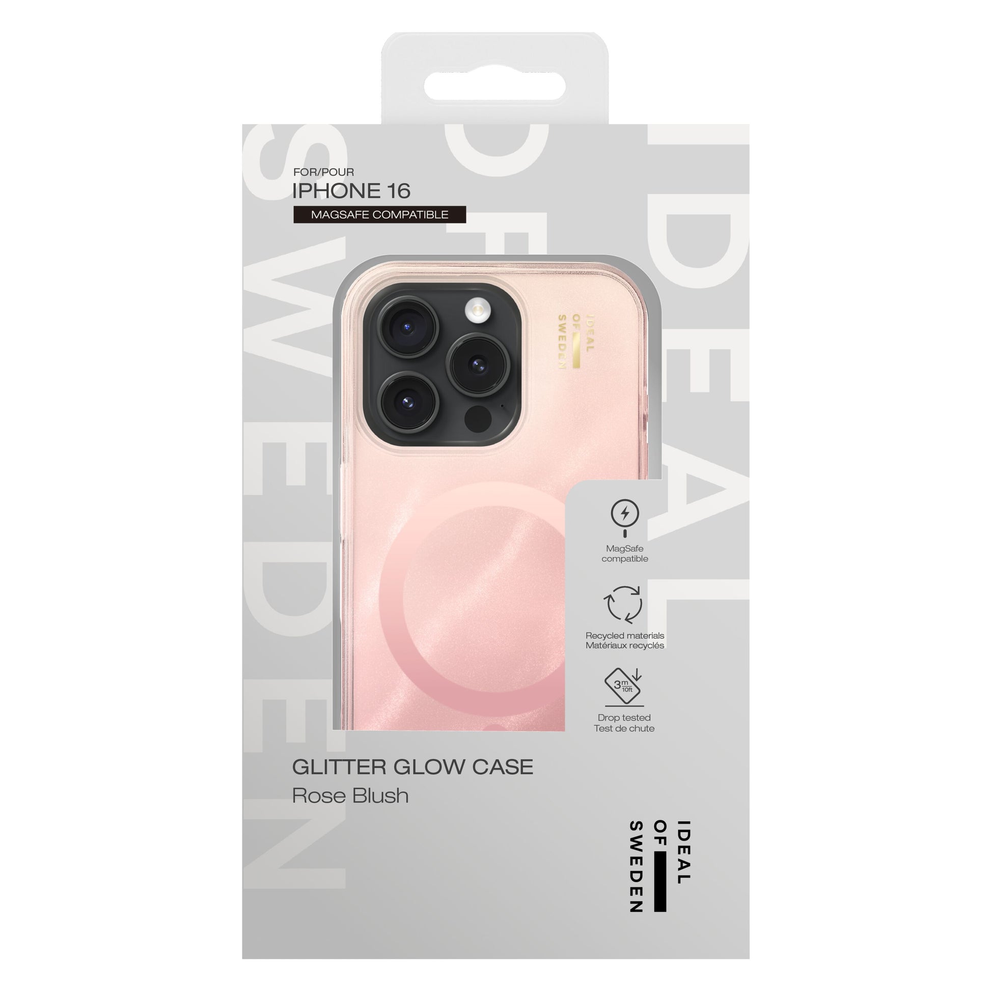 IDEAL OF SWEDEN Clear MagSafe Case Rose Blush til iPhone 16 med dropbeskyttelse, vises i detailæske.