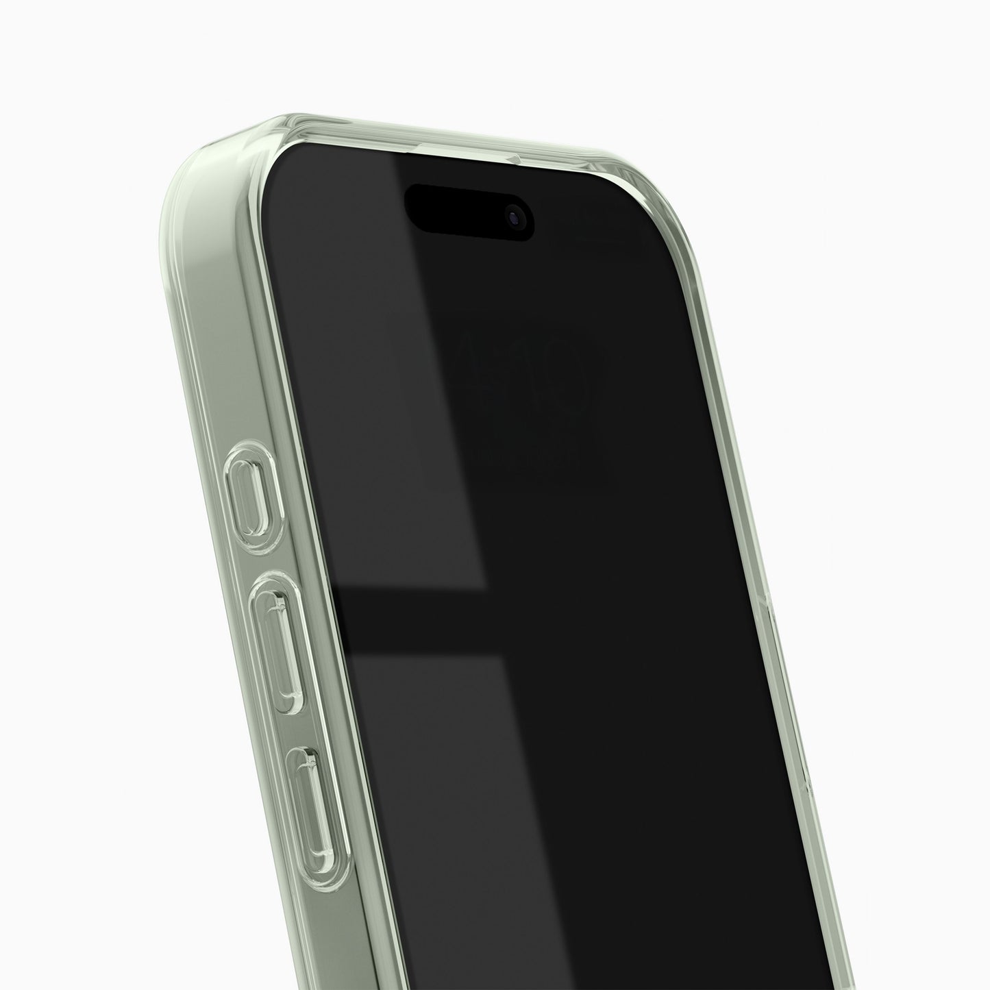 IPhone 16 i IDEAL OF SWEDEN Clear MagSafe Case Sage Green med fokus på skærm og sideknapper.