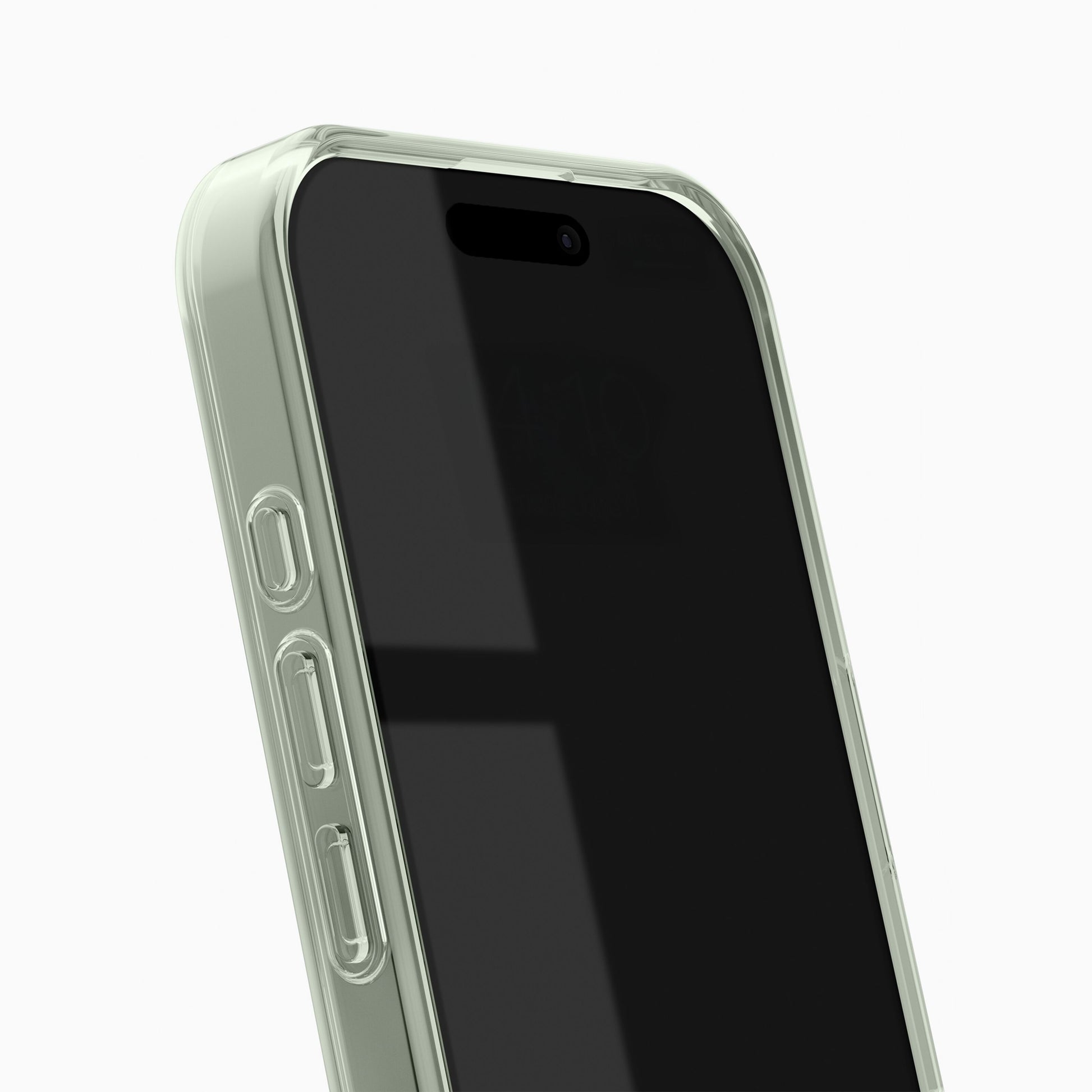 IPhone 16 i IDEAL OF SWEDEN Clear MagSafe Case Sage Green med fokus på skærm og sideknapper.