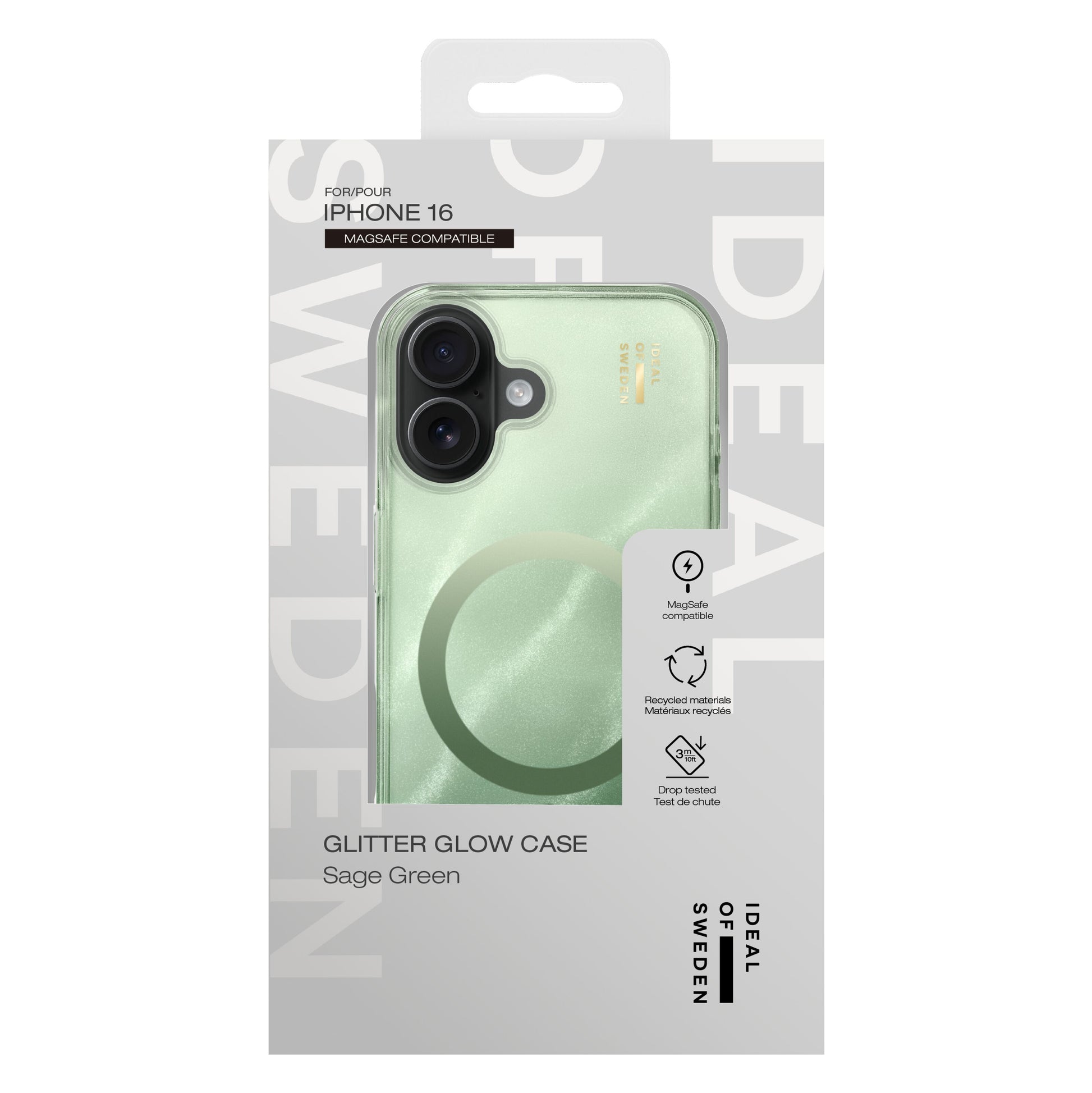 Ideal Of Sweden Clear MagSafe Case iPhone 16 Sage Green med glimmer, dropbeskyttelse, MagSafe, GLITTER GLOW CASE-emballage.
