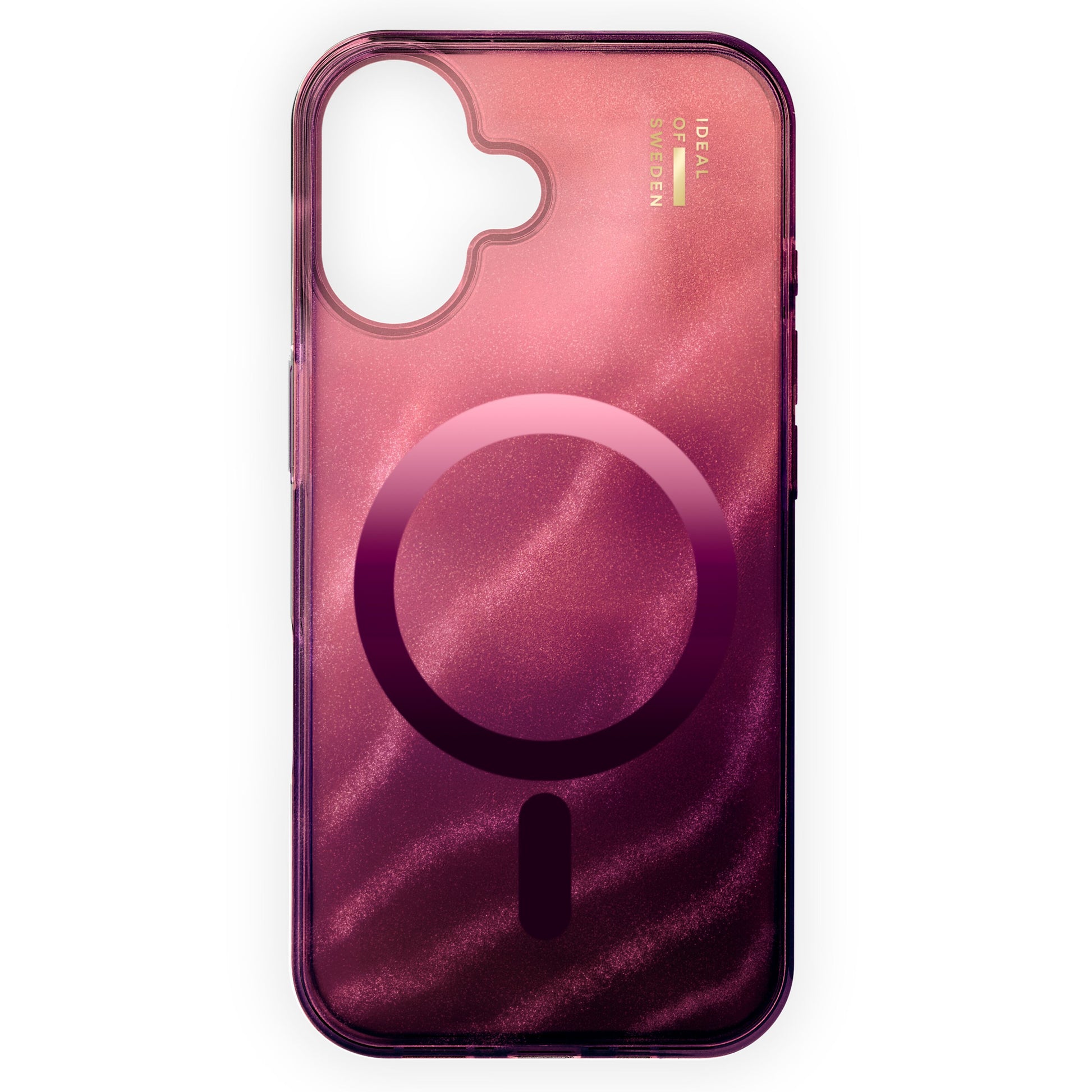 IDEAL OF SWEDEN Clear MagSafe Case iPhone 17 Cherry Lacquer, transparent pink med shimmer, magenta ring, logo øverst.
