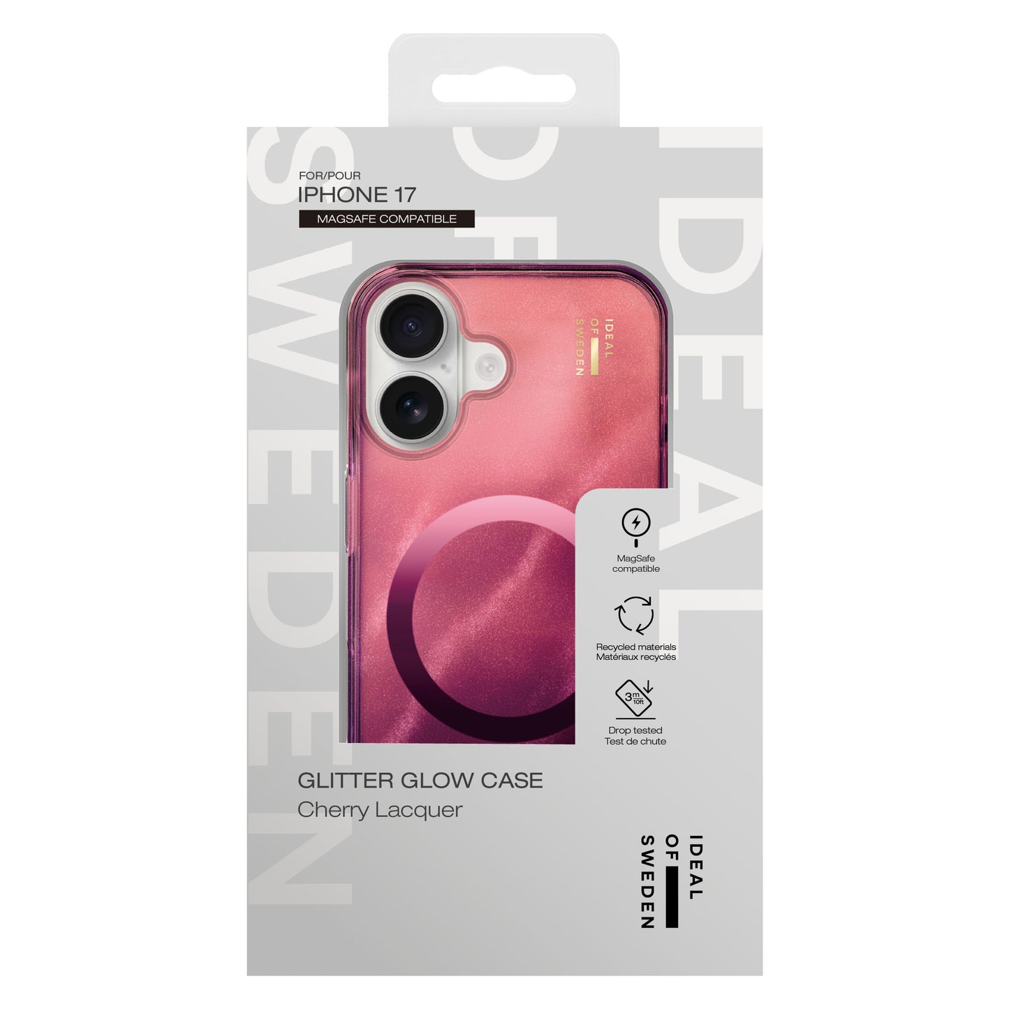 IDEAL OF SWEDEN Clear MagSafe Case iPhone 17 Cherry Lacquer pink glitter cover med MagSafe og beskyttelse mod tab.