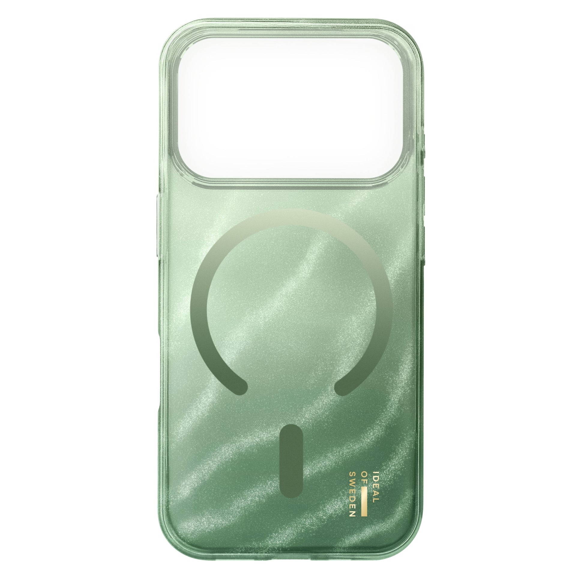 IDEAL OF SWEDEN Clear MagSafe Case iPhone 17 Pro Max Sage Green, transparent med cirkelformet MagSafe og guldfarvet logo.
