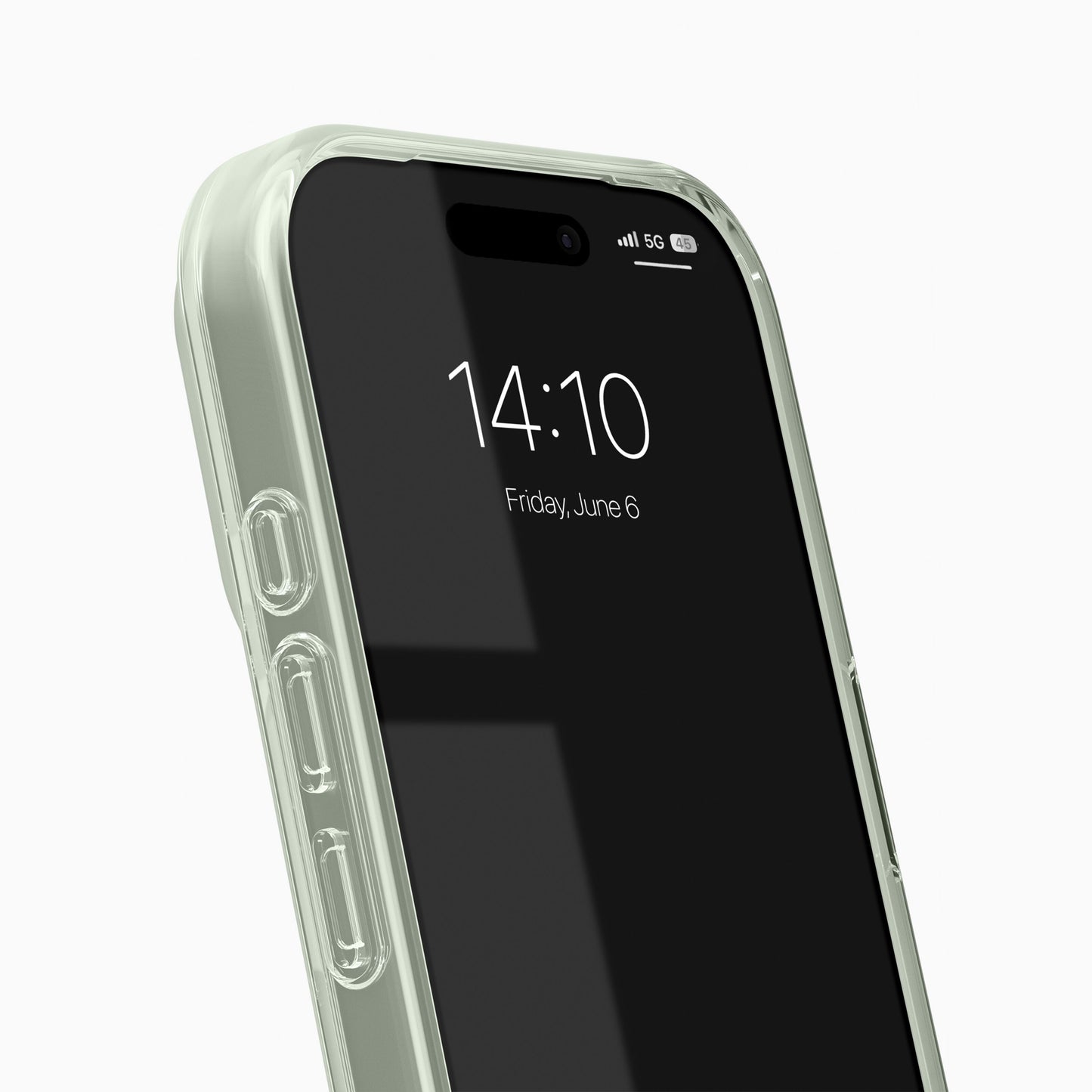 IPhone 17 Pro Max med IDEAL OF SWEDEN Clear MagSafe Case Sage Green, låseskærm vises kl. 14:10, reflekterende display.