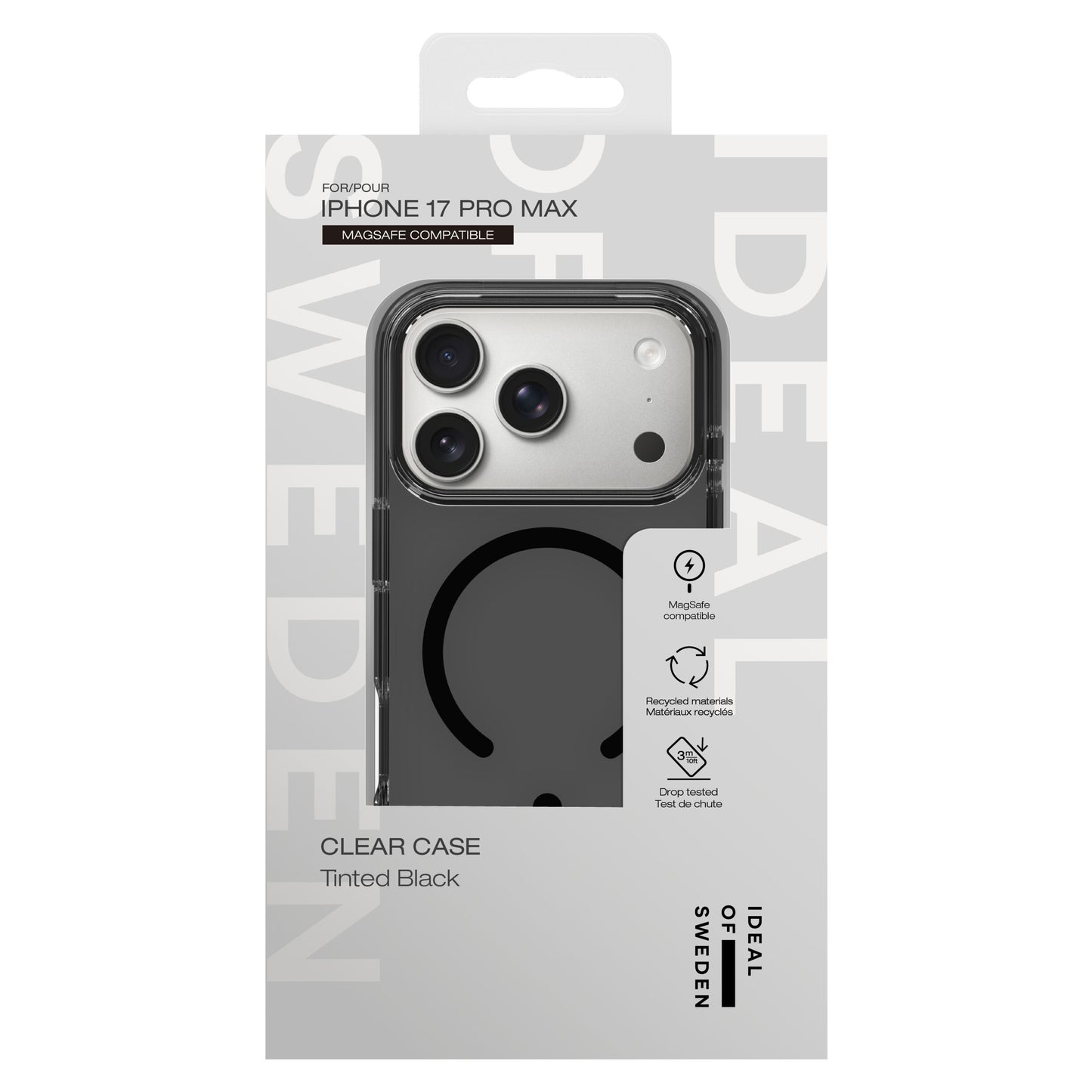 IDEAL OF SWEDEN Clear MagSafe Case Tinted Black til iPhone 17 Pro Max i original emballage, MagSafe-kompatibel.