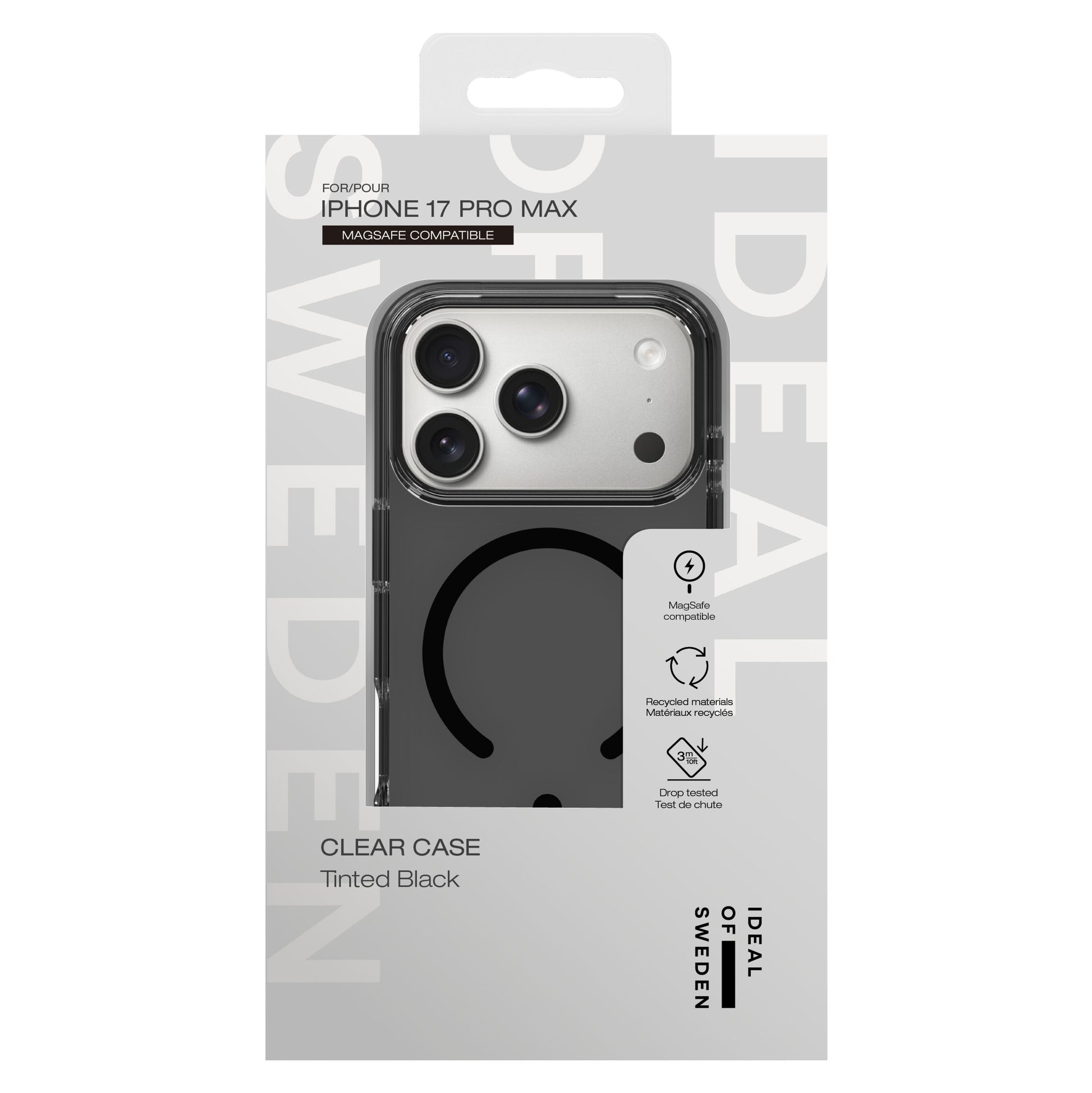 IDEAL OF SWEDEN Clear MagSafe Case Tinted Black til iPhone 17 Pro Max i original emballage, MagSafe-kompatibel.