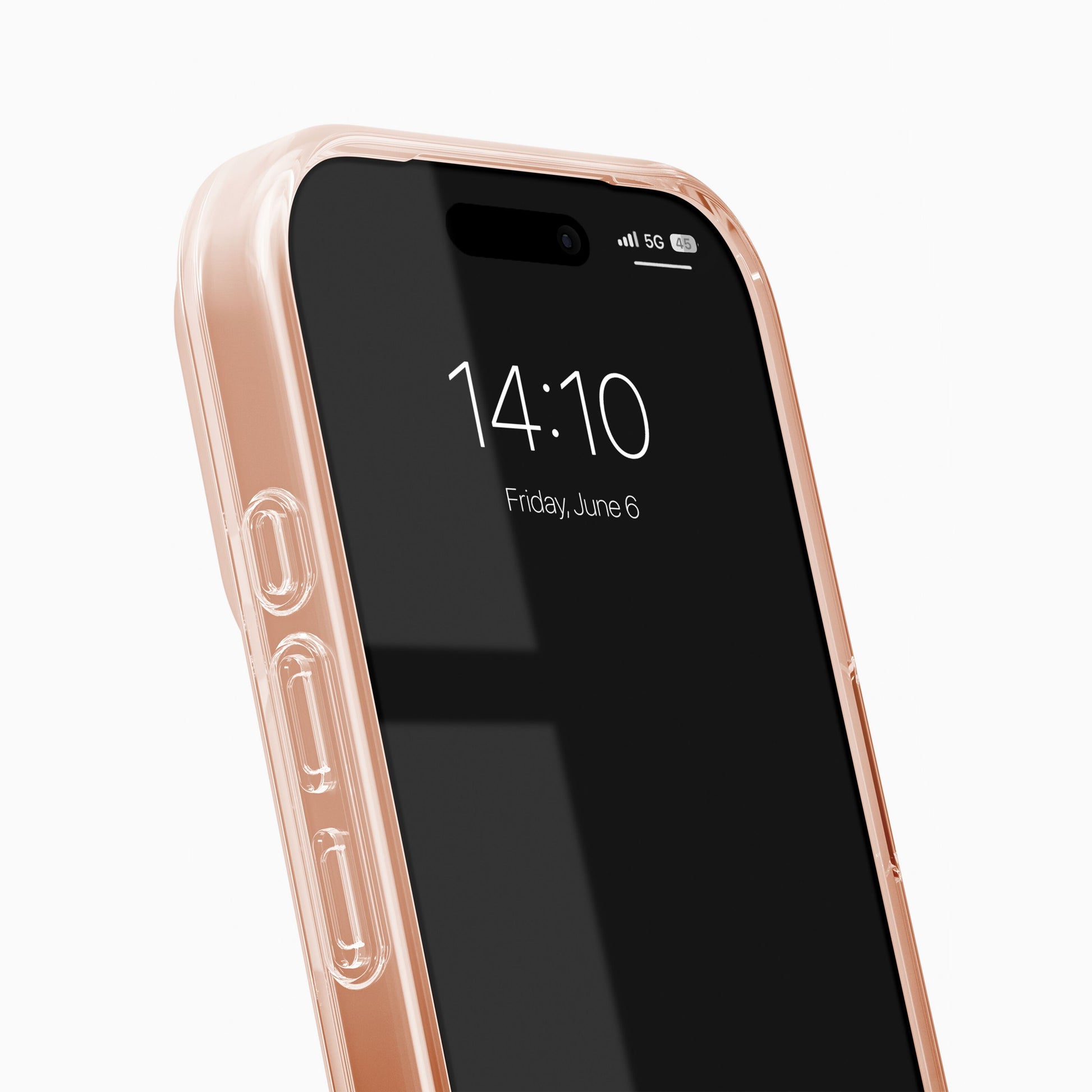 IPhone 17 Pro i gennemsigtig MagSafe Case Mocha Mousse, låseskærm med tid 14:10, dato 6. juni, 5G og batteri.