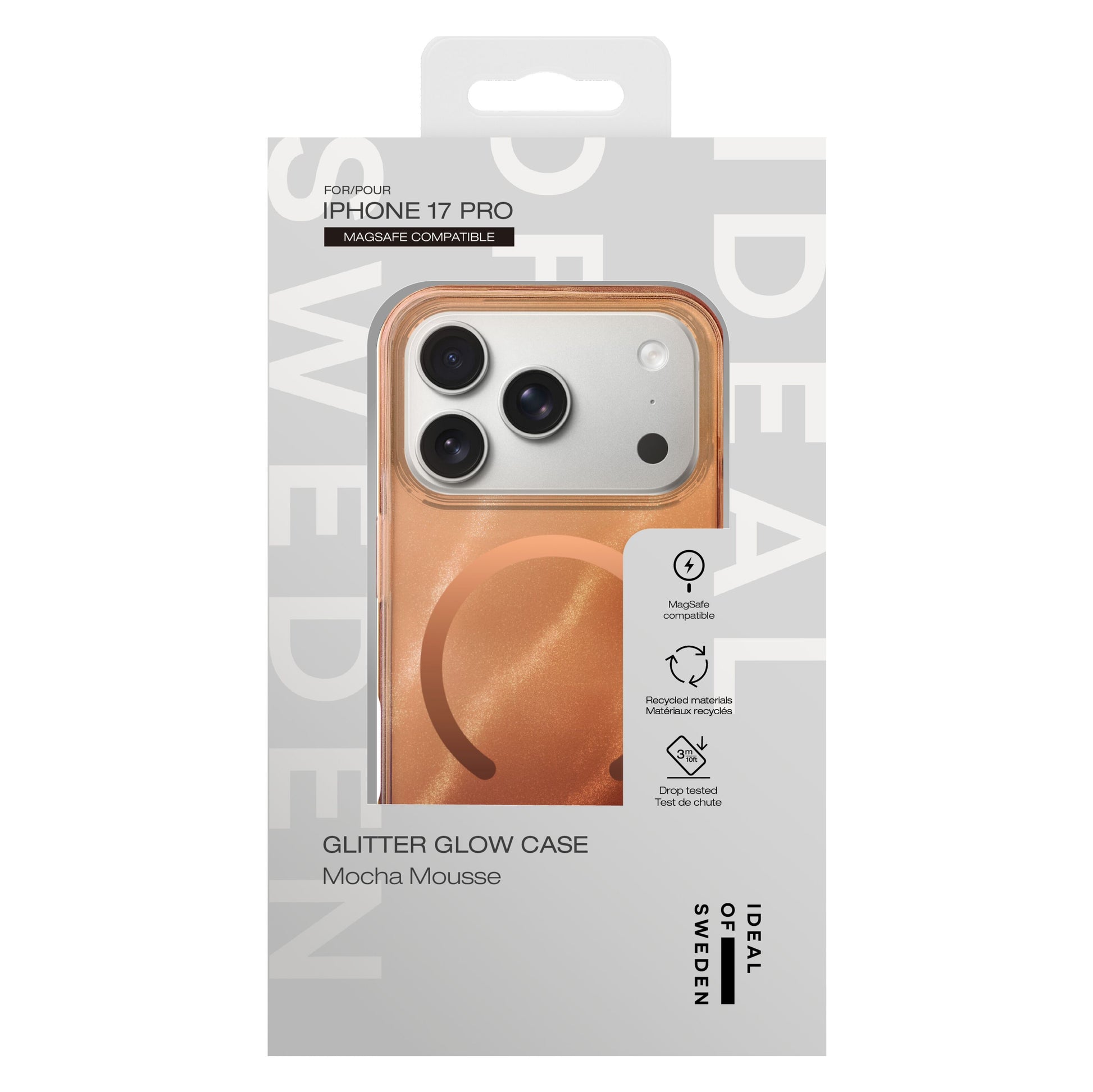 Ideal Of Sweden Clear MagSafe Case iPhone 17 Pro Mocha Mousse med 3m faldsikring, genbrugsmateriale, orange gennemsigtig.