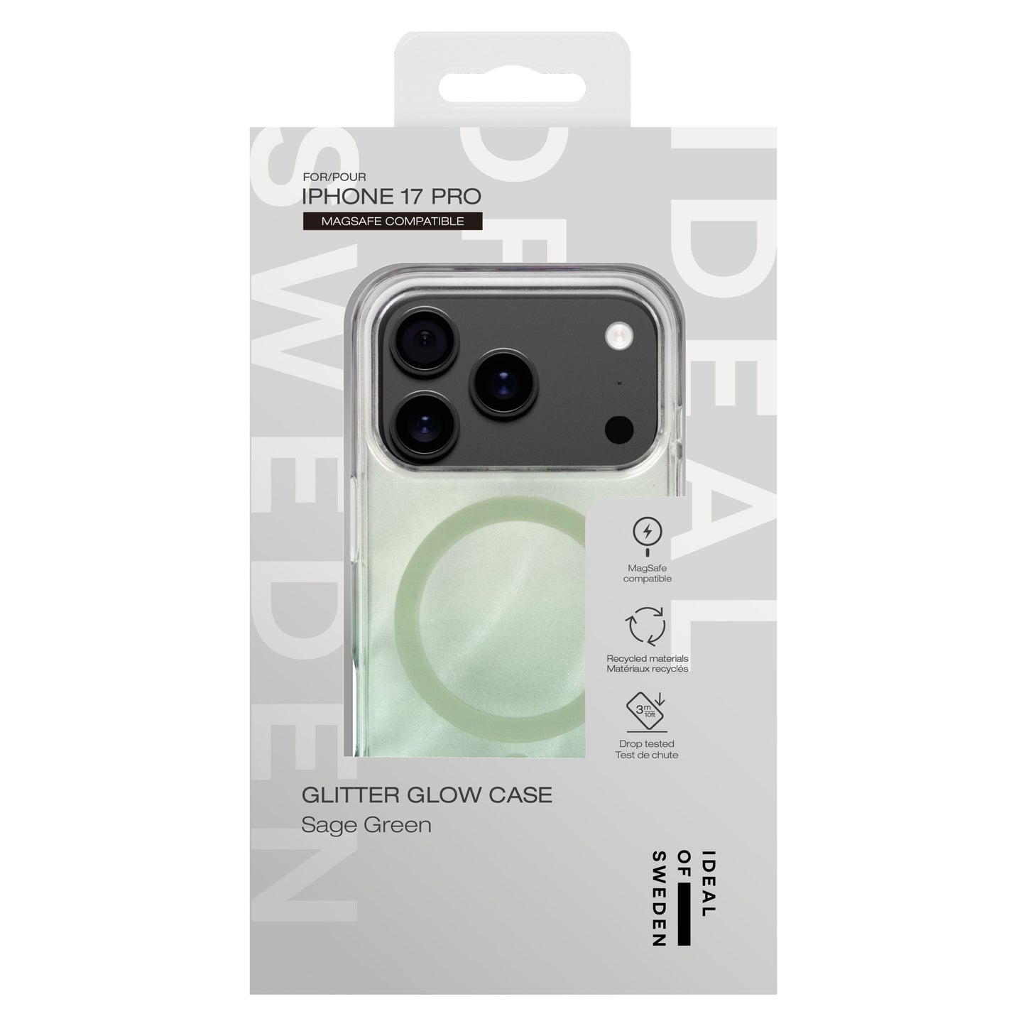 Ideal Of Sweden Clear MagSafe Case til iPhone 17 Pro Sage Green i emballage med MagSafe-logo og drop resistance info.