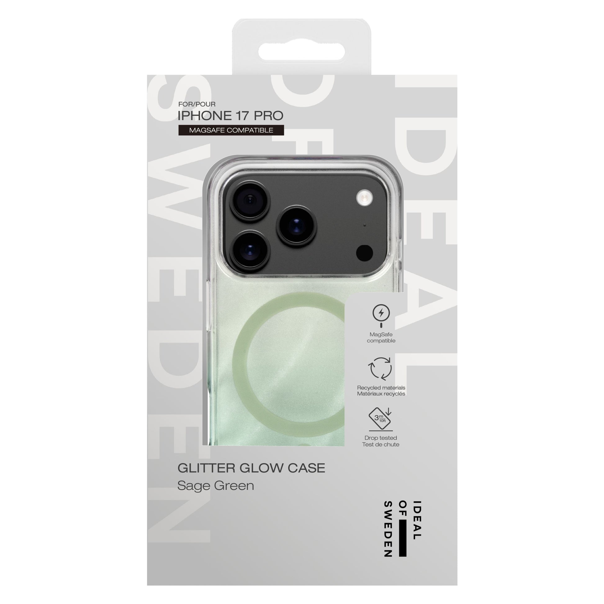 Ideal Of Sweden Clear MagSafe Case til iPhone 17 Pro Sage Green i emballage med MagSafe-logo og drop resistance info.