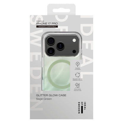 Ideal Of Sweden Clear MagSafe Case til iPhone 17 Pro Sage Green i emballage med MagSafe-logo og drop resistance info.