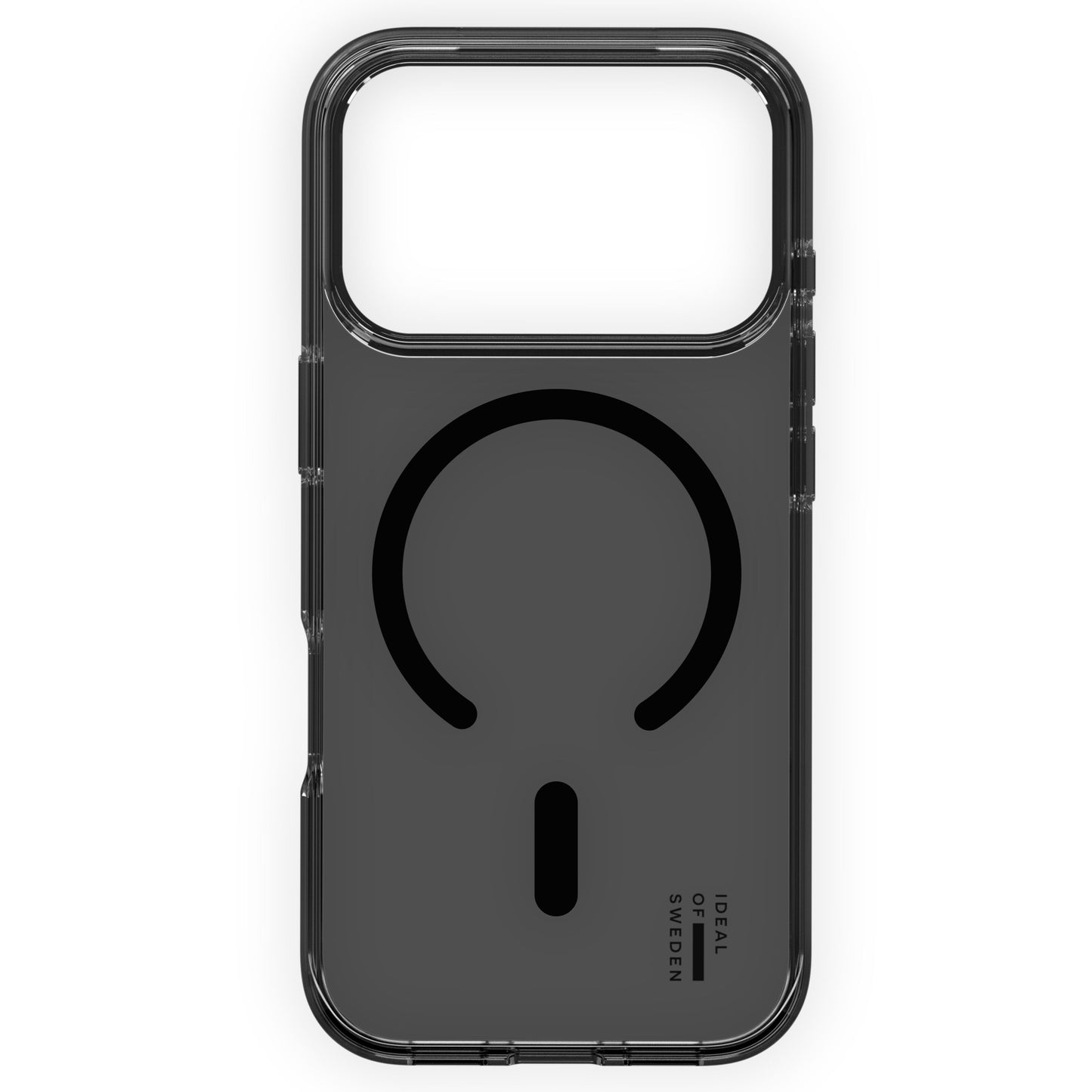 IDEAL OF SWEDEN Clear MagSafe Case iPhone 17 Pro gennemsigtigt cover med sort ring, linje og lille logo nederst.