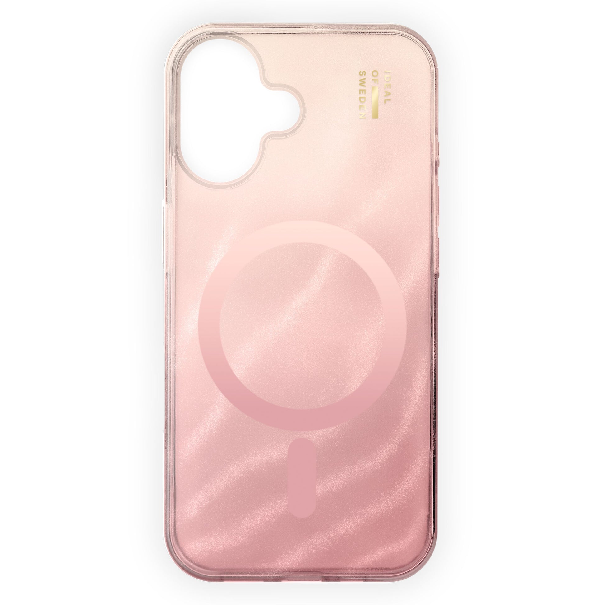 IDEAL OF SWEDEN Clear MagSafe Case til iPhone 17 Rose Blush, transparent pink, skærmende finish, rund MagSafe-markering, guldtekst ved kamera.