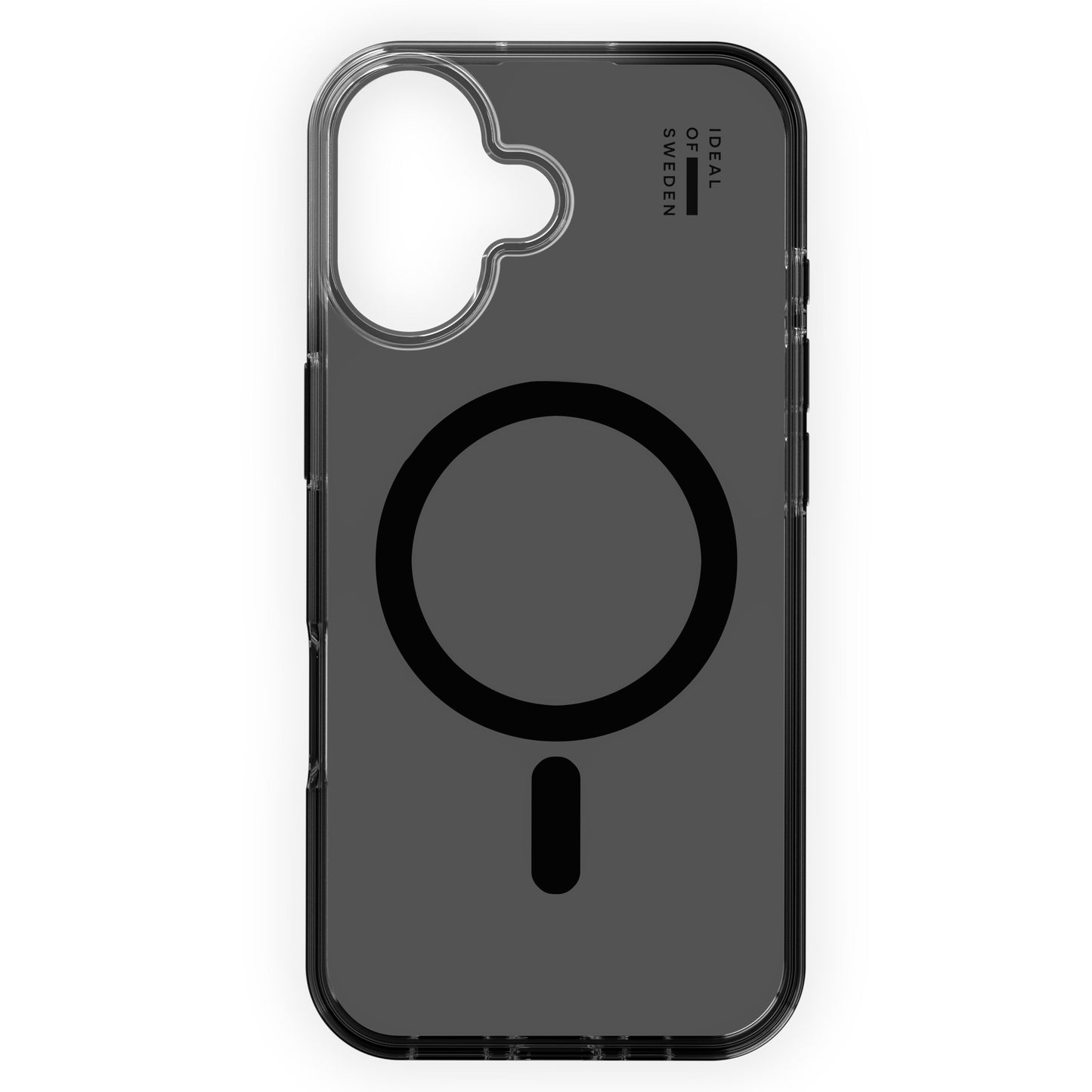 IDEAL OF SWEDEN Clear MagSafe Case Tinted Black gennemsigtigt cover til iPhone 17 med sort MagSafe-symbol og logo ved kamera.