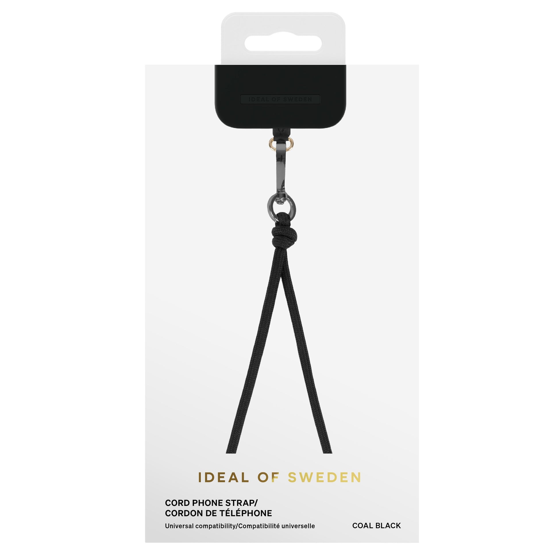 IDEAL OF SWEDEN Cord Phone Strap Coal Black justerbar mobilrem med metalspænde og universel kompatibilitet i detailemballage.