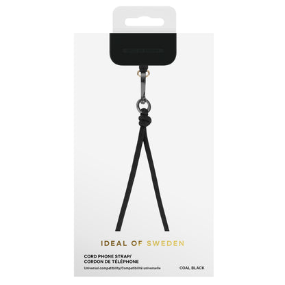 IDEAL OF SWEDEN Cord Phone Strap Coal Black justerbar mobilrem med metalspænde og universel kompatibilitet i detailemballage.
