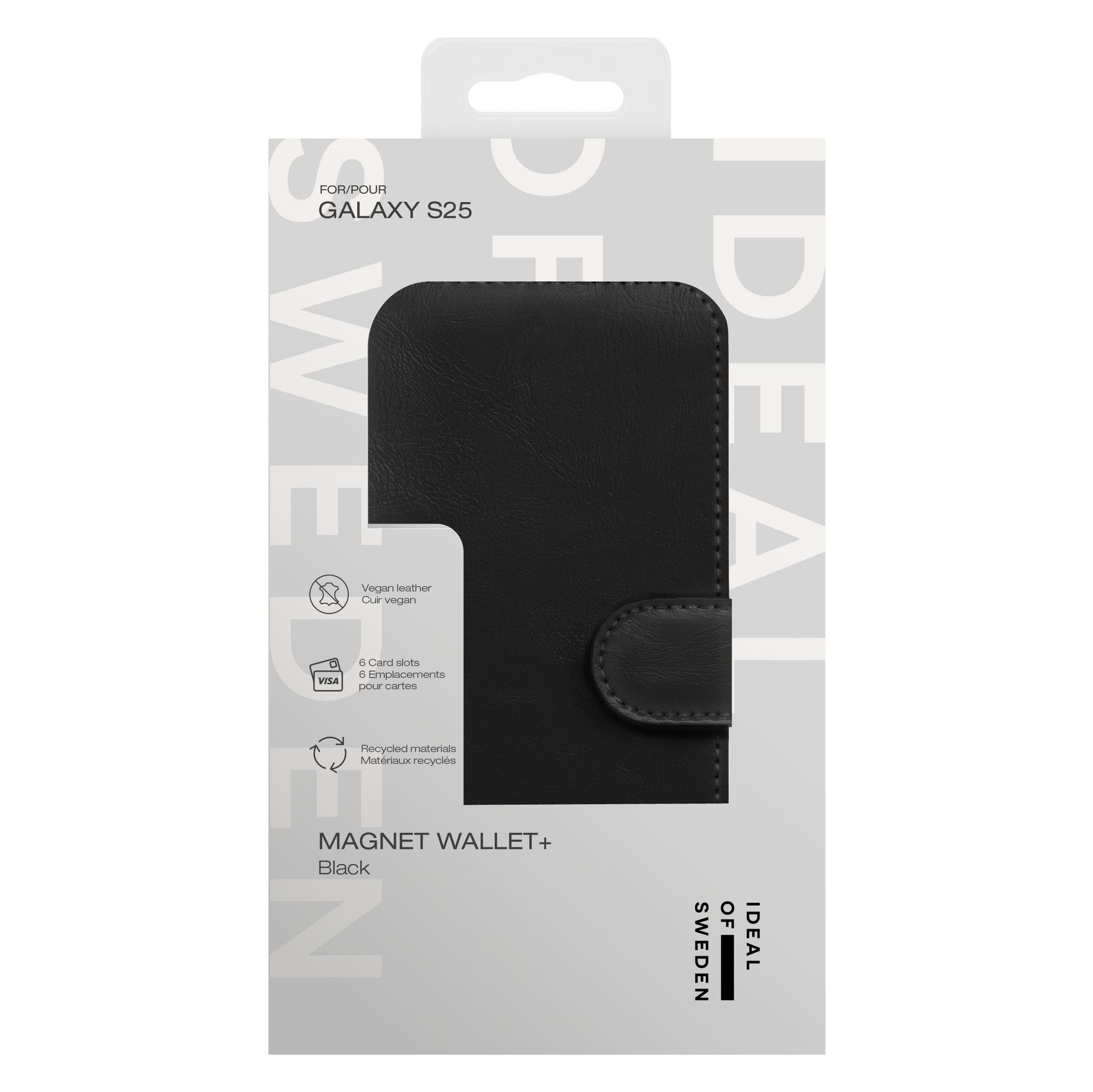 Ideal Of Sweden Magnet Wallet+ pungcover Galaxy S25 Sort, info om vegansk læder og genbrugsmaterialer på emballagen.