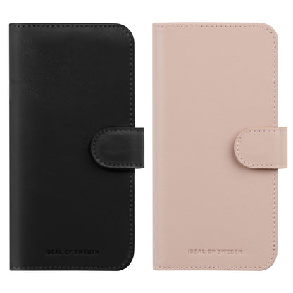 IDEAL OF SWEDEN Magnet Wallet+ til Galaxy S25 i sort og pink med knaplukning, dyrefri materialer, logo nederst.