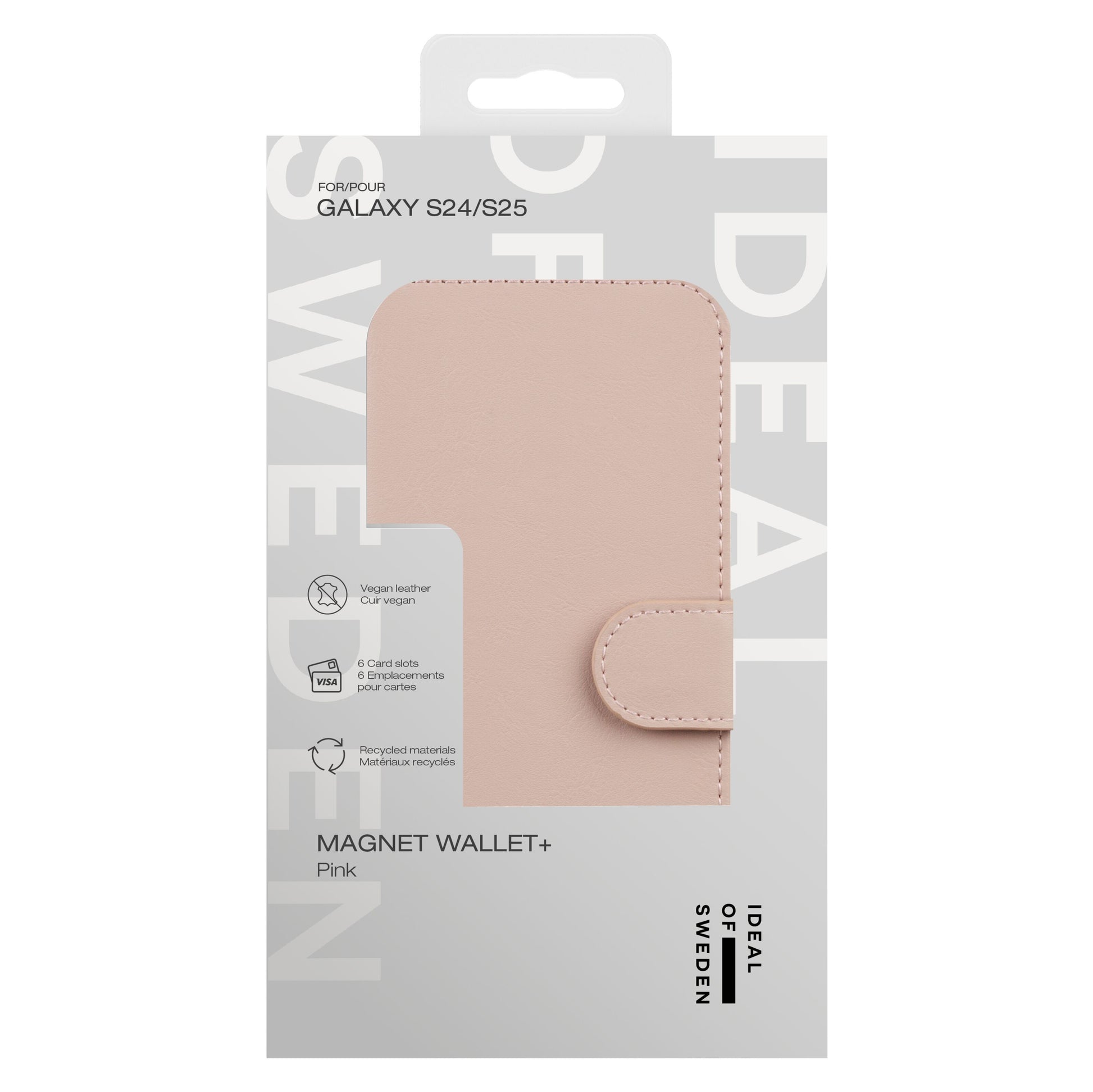 IDEAL OF SWEDEN Magnet Wallet+ pungcover til Galaxy S25 pink, dyrefri genanvendte materialer, kortlommer, magnetlukning.