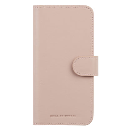 IDEAL OF SWEDEN Magnet Wallet+ lyserød pung-cover til iPhone 11/XR med frontcover, trykknaplukning, præget logo nederst.