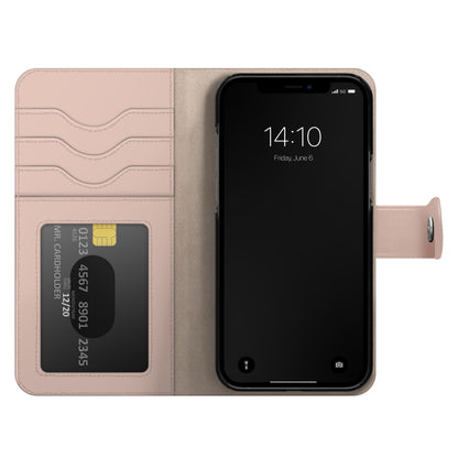 Magnet Wallet+ pungcover pink til iPhone 12/12 Pro, åben med kortlommer og kreditkort, snaplukning, skærm viser 14:10 6. juni.