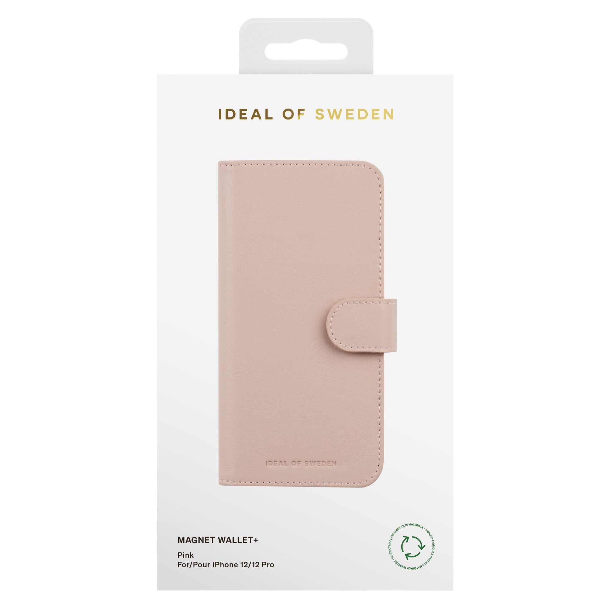 IDEAL OF SWEDEN Magnet Wallet+ pink cover til iPhone 12/12 Pro i hvid æske med guld og sort tekst samt genbrugssymbol.