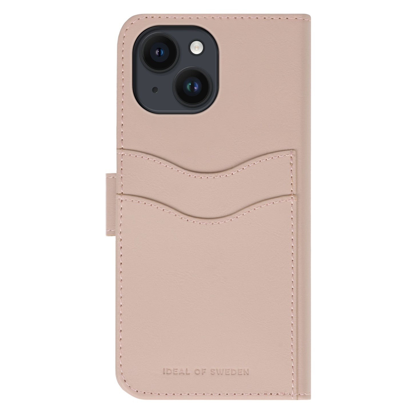 IDEAL OF SWEDEN Magnet Wallet+ cover til iPhone 13/14/16e pink dyrefri med kortholdere og præget logo bagpå.