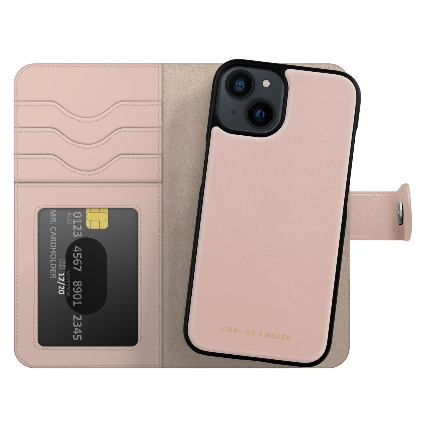 IDEAL OF SWEDEN Magnet Wallet+ pink pungcover til iPhone 13/14/16e med kortholdere, ID-vindue og guldfarvet logo nederst.