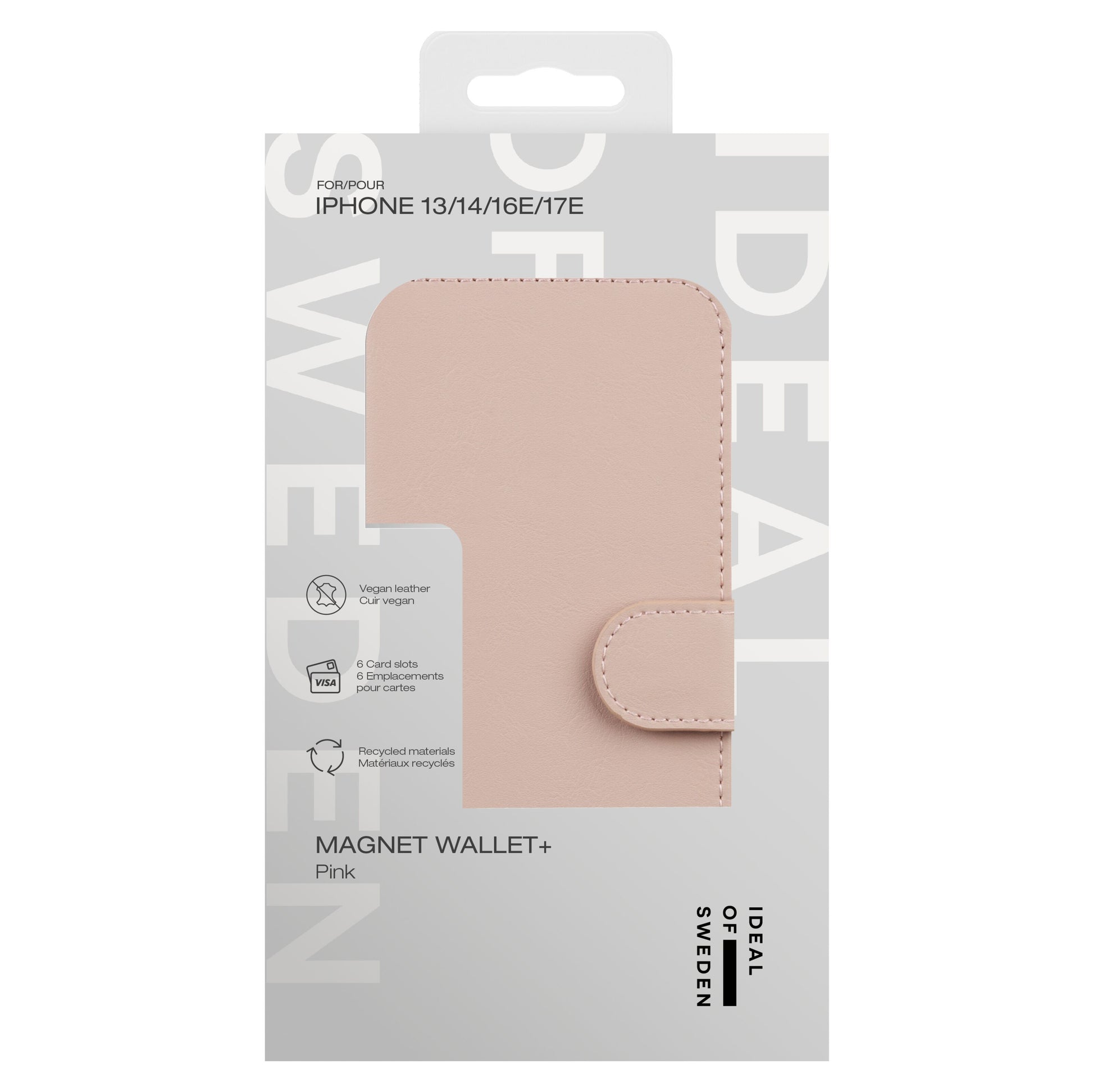 Ideal Of Sweden Magnet Wallet+ pungcover til iPhone 13/14/16e pink, dyrefri og genbrugsmaterialer, RFID, 6 kortpladser.