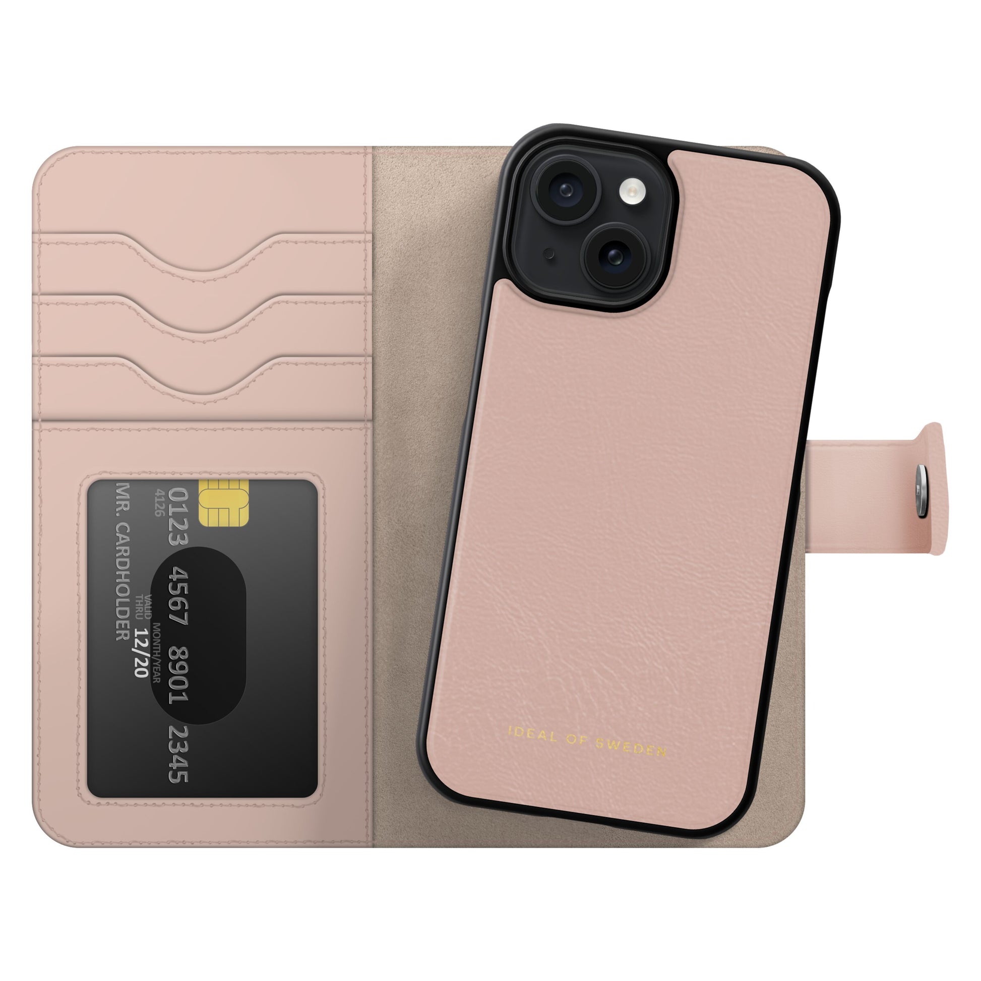IDEAL OF SWEDEN Magnet Wallet+ pungcover i pink til iPhone 15 med kortholdere, synligt kort, beige inderside, tryklås.