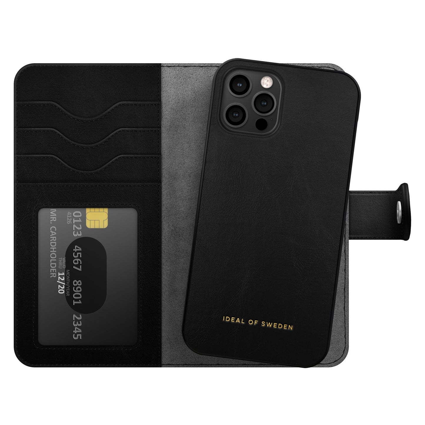 IDEAL OF SWEDEN Magnet Wallet+ pungcover til iPhone 12/12 Pro sort med magnet, kortholder og guldlogo nederst.