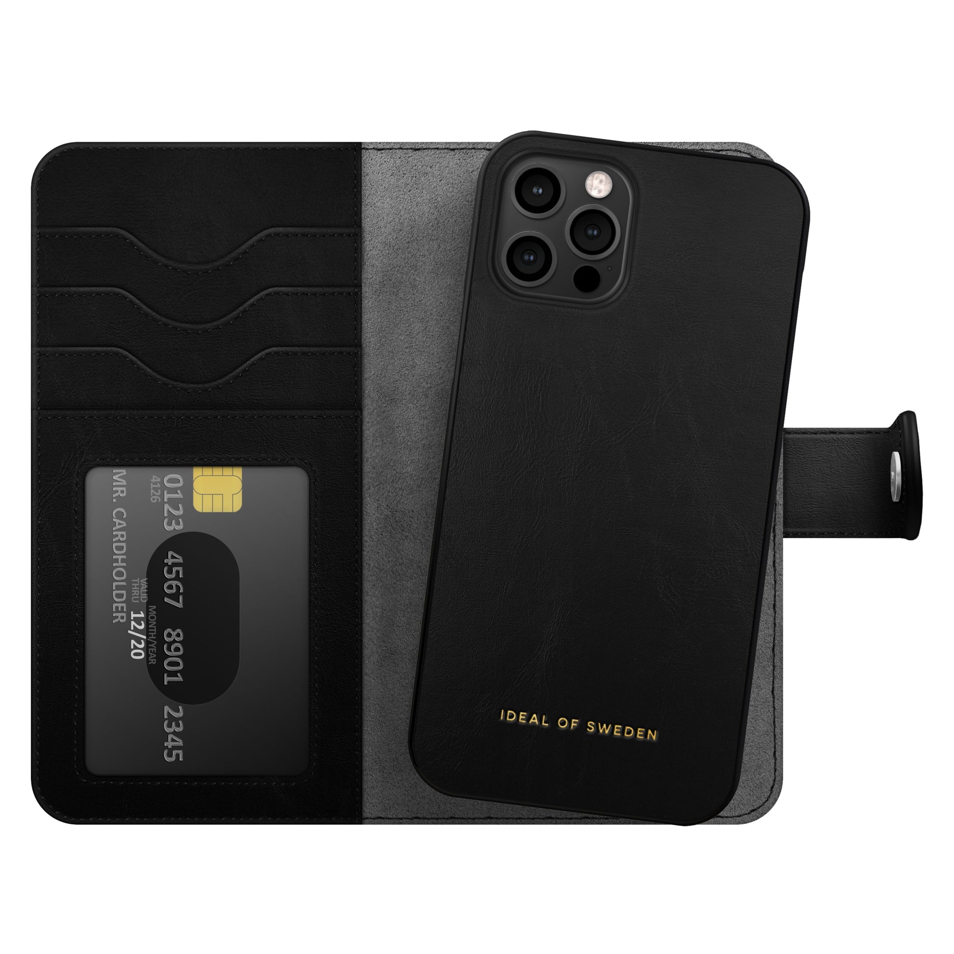 IDEAL OF SWEDEN Magnet Wallet+ pungcover til iPhone 12/12 Pro sort med magnet, kortholder og guldlogo nederst.