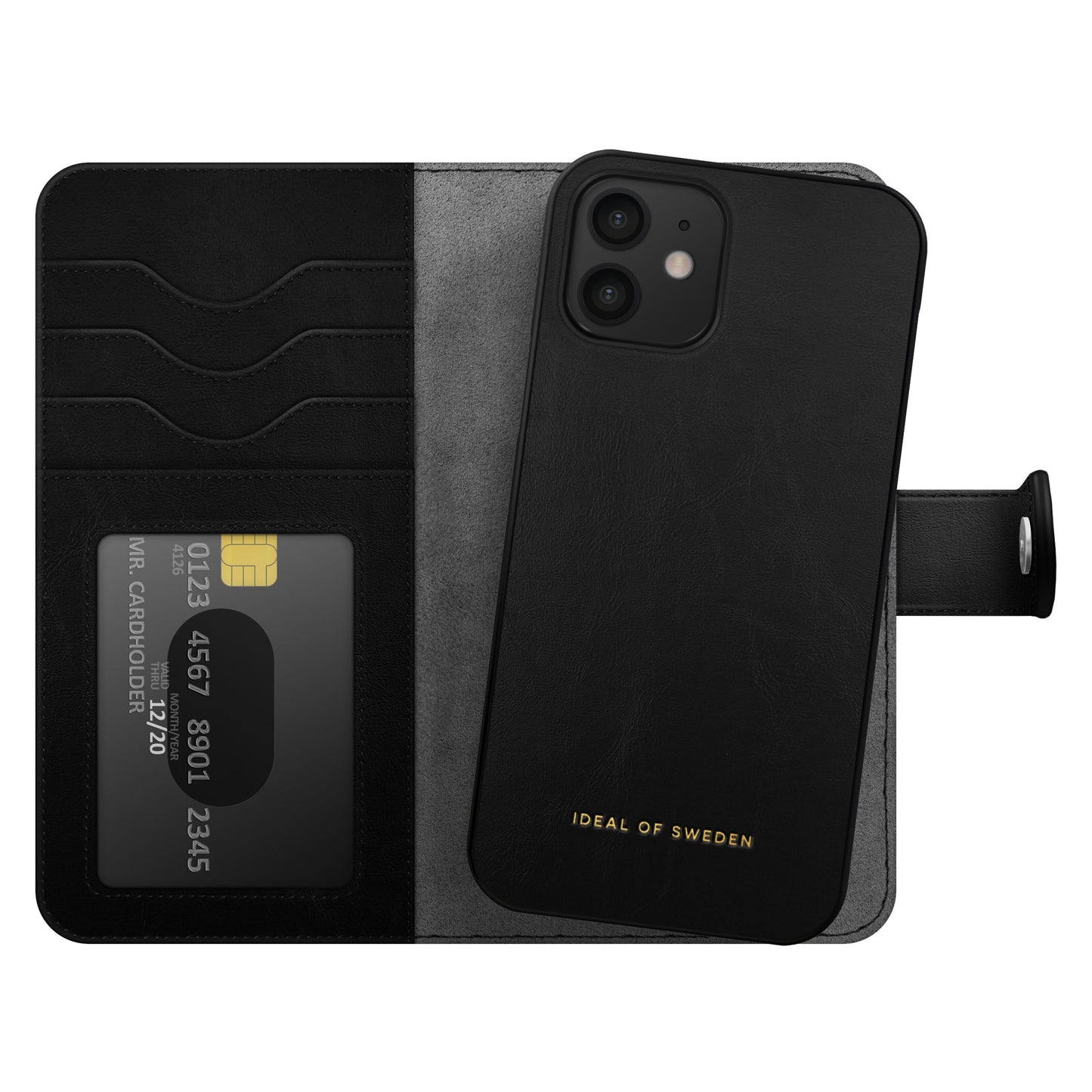 IDEAL OF SWEDEN Magnet Wallet+ i sort læder til iPhone 12/12 Pro med venstre kortholder, guldlogo nederst.