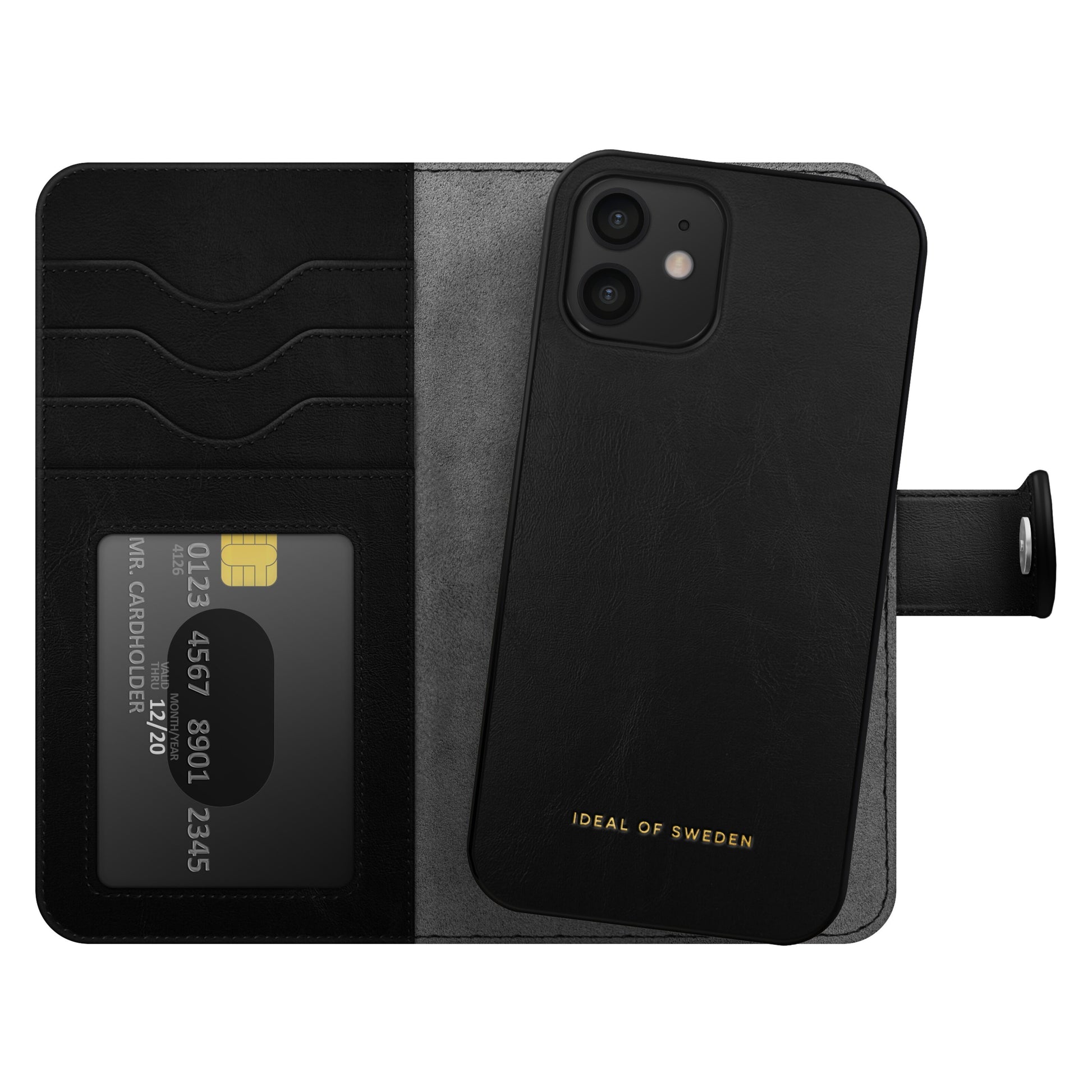 IDEAL OF SWEDEN Magnet Wallet+ i sort læder til iPhone 12/12 Pro med venstre kortholder, guldlogo nederst.