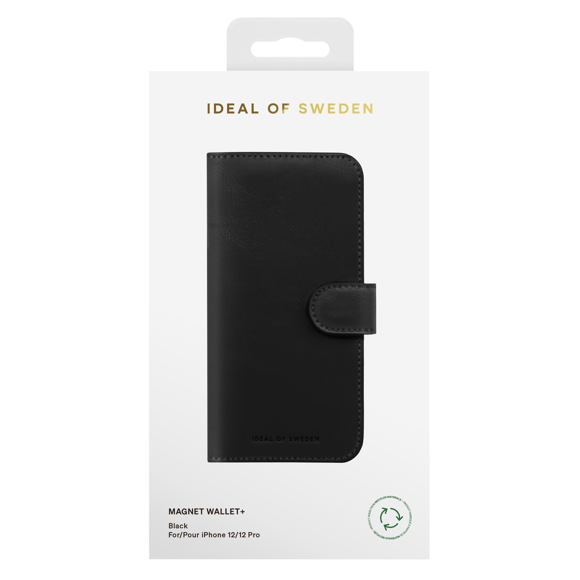 IDEAL OF SWEDEN Magnet Wallet+ pungcover i sort til iPhone 12/12 Pro med magnetisk coverdesign og øko-symbol på æsken.