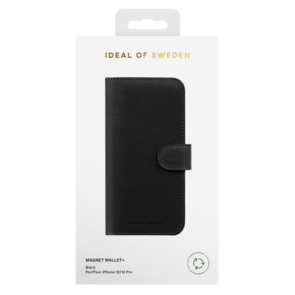 IDEAL OF SWEDEN Magnet Wallet+ pungcover i sort til iPhone 12/12 Pro med magnetisk coverdesign og øko-symbol på æsken.