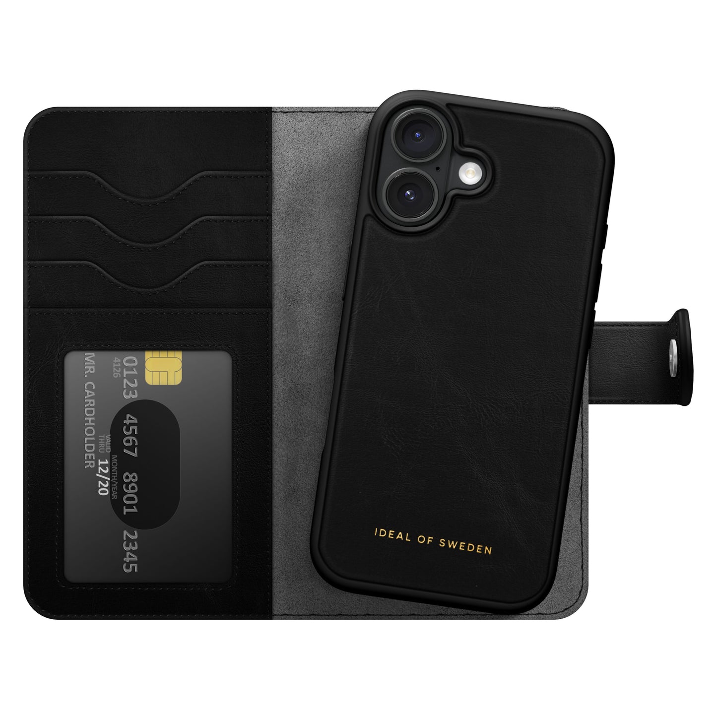 IDEAL OF SWEDEN Magnet Wallet+ pungcover til iPhone 16 sort, åben med kortlommer, kreditkort og logo på indercover.