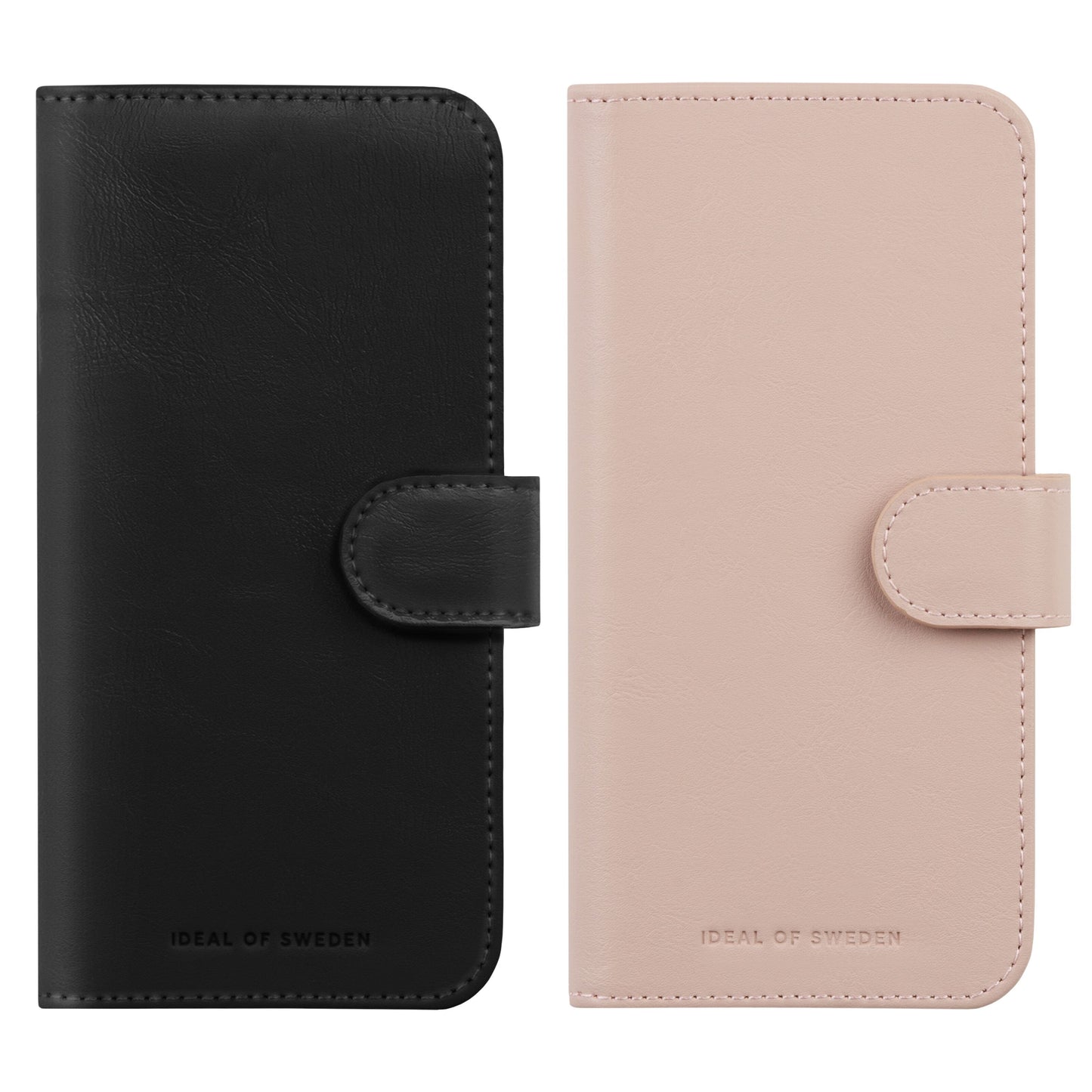 IDEAL OF SWEDEN Magnet Wallet+ pungcover til iPhone 16 sort og pink med rem-lås og præget logo nederst.