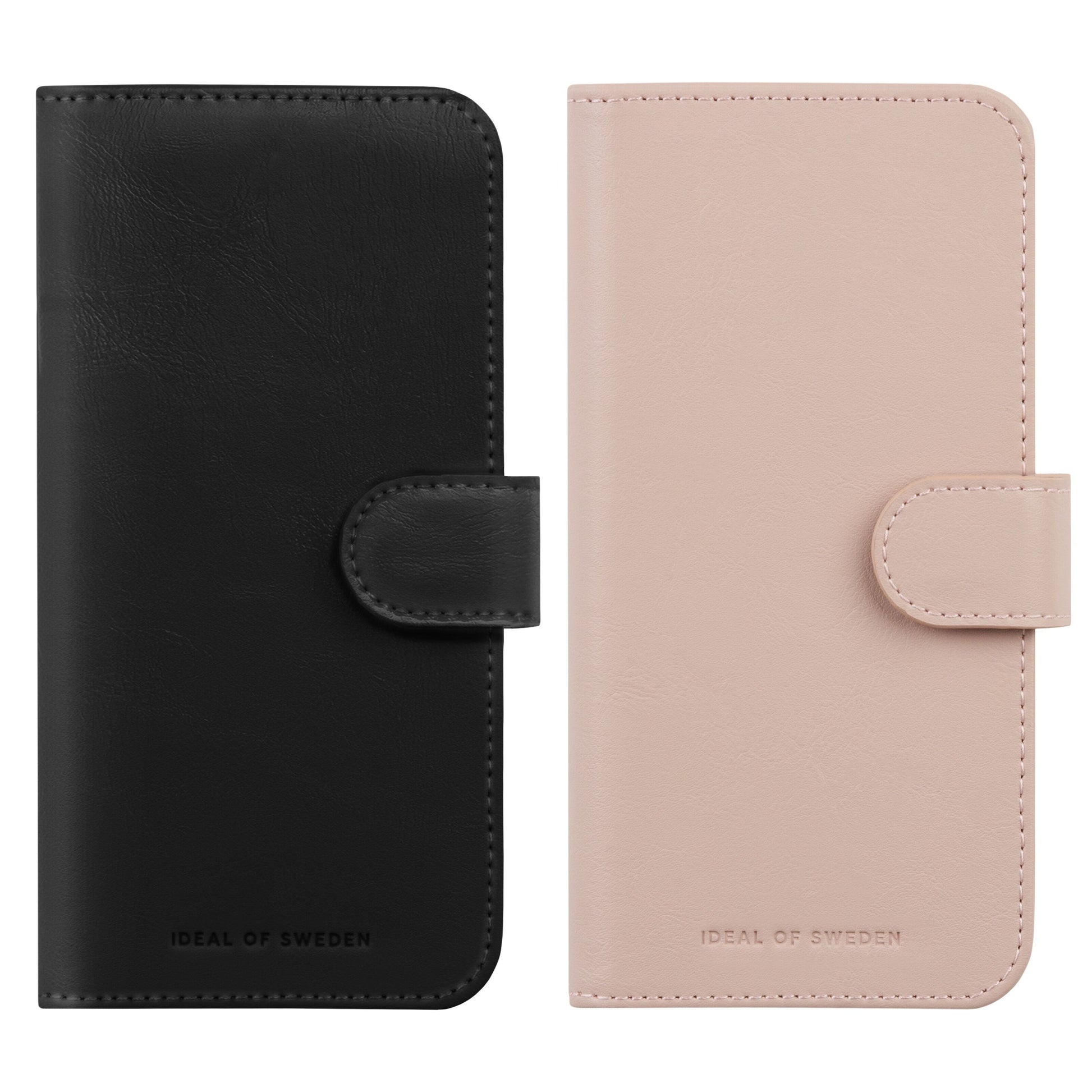 IDEAL OF SWEDEN Magnet Wallet+ pungcover til iPhone 16 sort og pink med rem-lås og præget logo nederst.