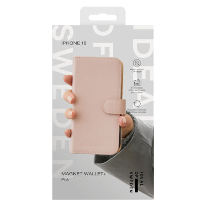 IDEAL OF SWEDEN Magnet Wallet+ pungcover til iPhone 16 pink, vegansk læder, snaplukning, 6 kortlommer, genbrugsmaterialer.