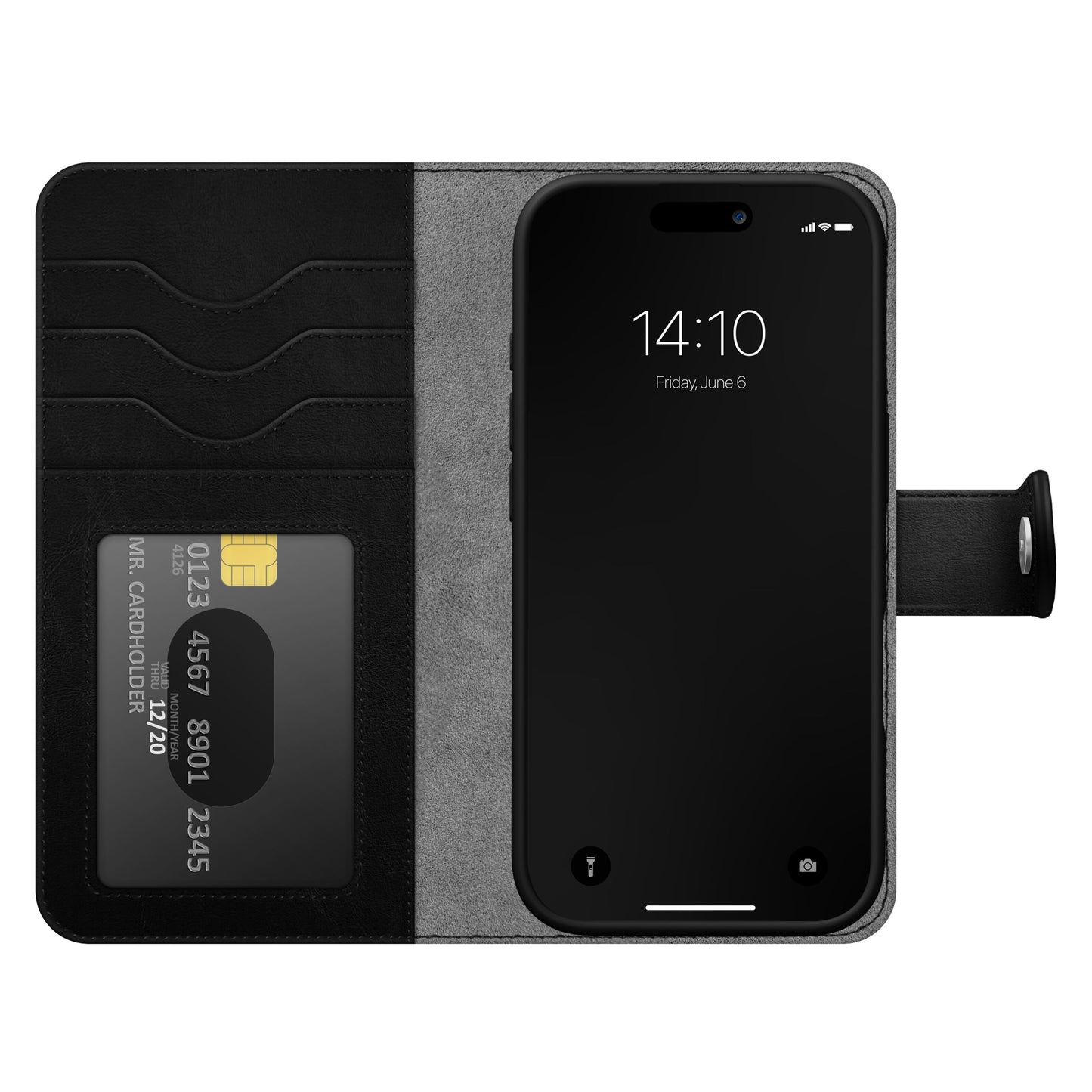 IDEAL OF SWEDEN Magnet Wallet+ pungcover til iPhone 16 Pro sort, tre kortholdere, kreditkortchip synlig.