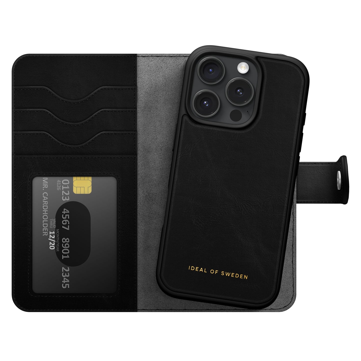 IDEAL OF SWEDEN Magnet Wallet+ sort cover til iPhone 16 Pro, kortholder, guldlogo indeni, plads til tre kameralinser.
