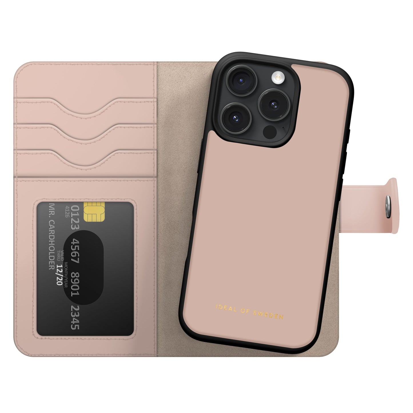 IDEAL OF SWEDEN Magnet Wallet+ pungcover i pink til iPhone 16 Pro, åben med kortlommer, gulddetalje og snaplukning.
