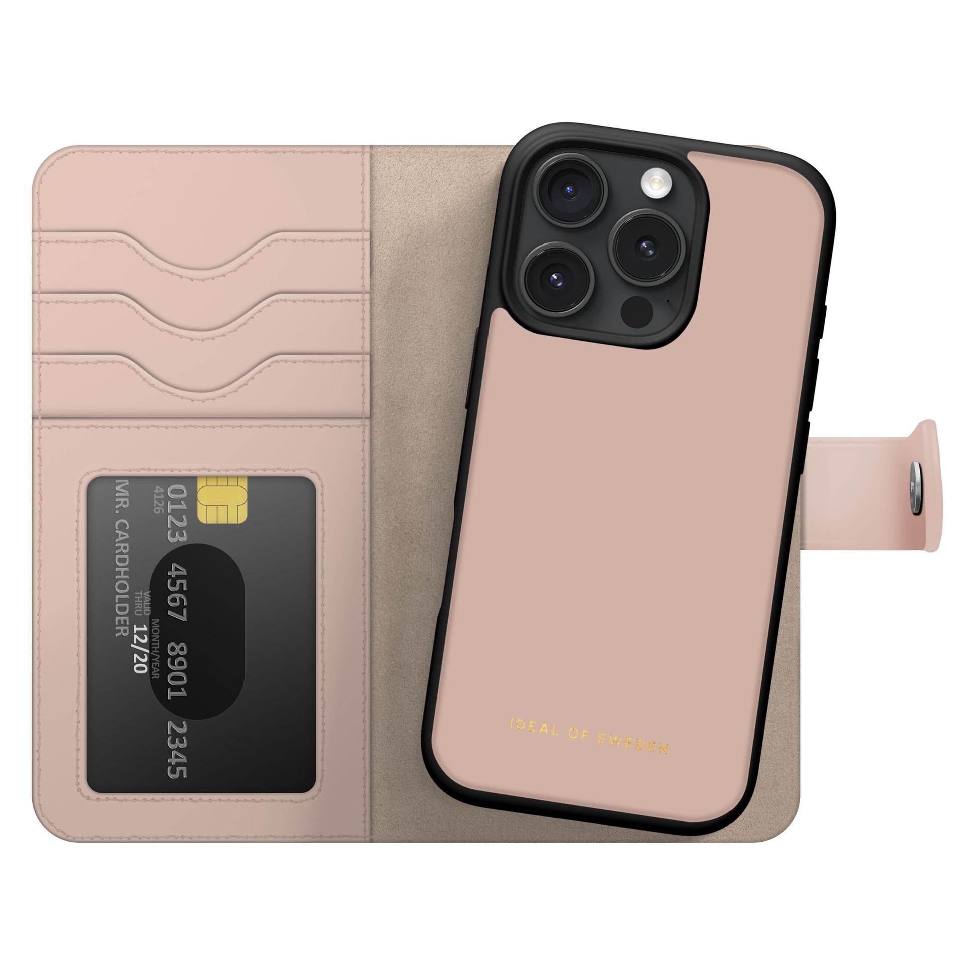 IDEAL OF SWEDEN Magnet Wallet+ pungcover i pink til iPhone 16 Pro, åben med kortlommer, gulddetalje og snaplukning.