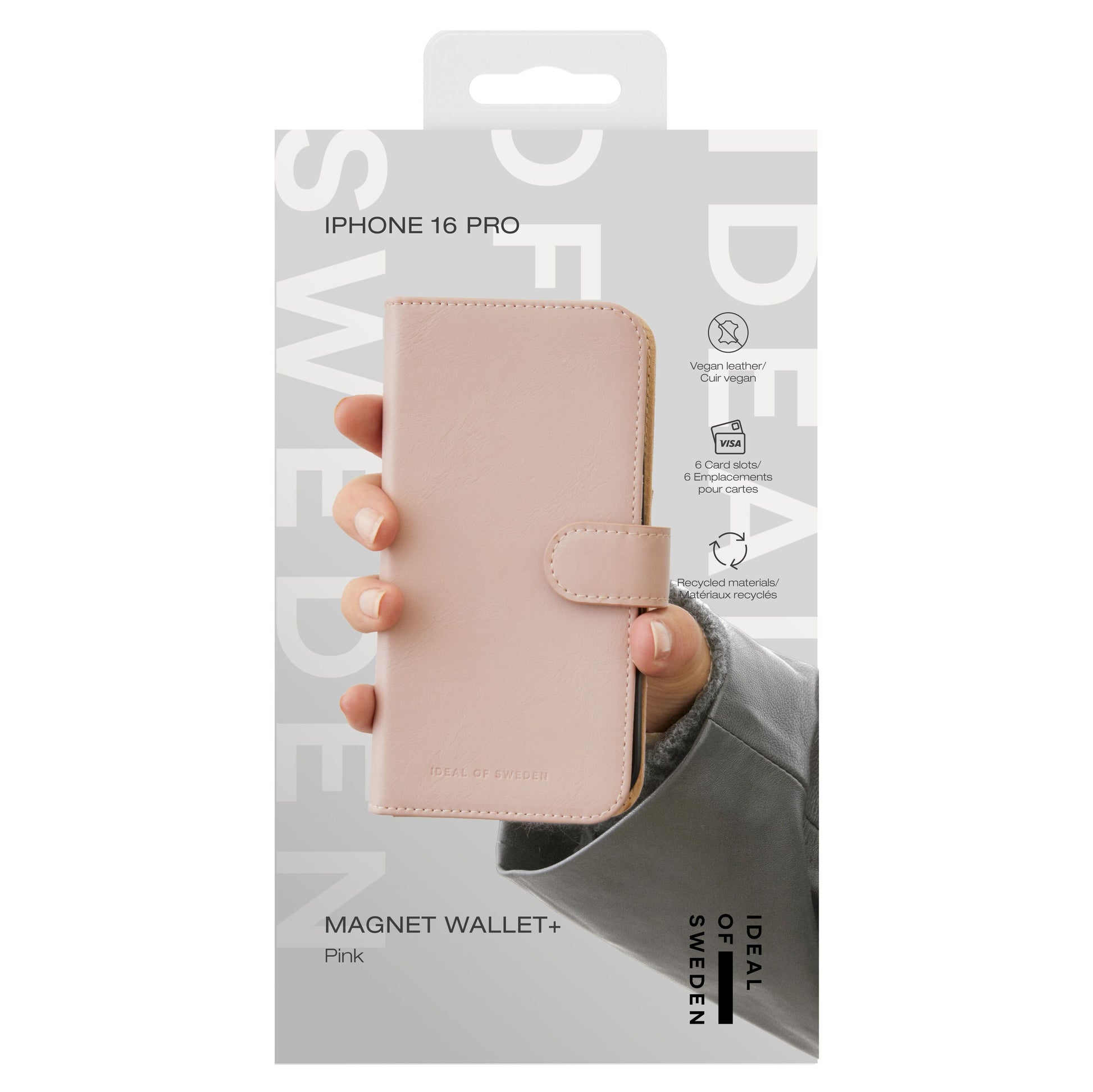 IDEAL OF SWEDEN Magnet Wallet+ pungcover til iPhone 16 Pro Pink, vegansk læder, RFID-beskyttet, genbrugsmaterialer.