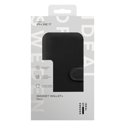 IDEAL OF SWEDEN Magnet Wallet+ pungcover til iPhone 17 sort, vegansk læder, flaplukning, kortholdere.